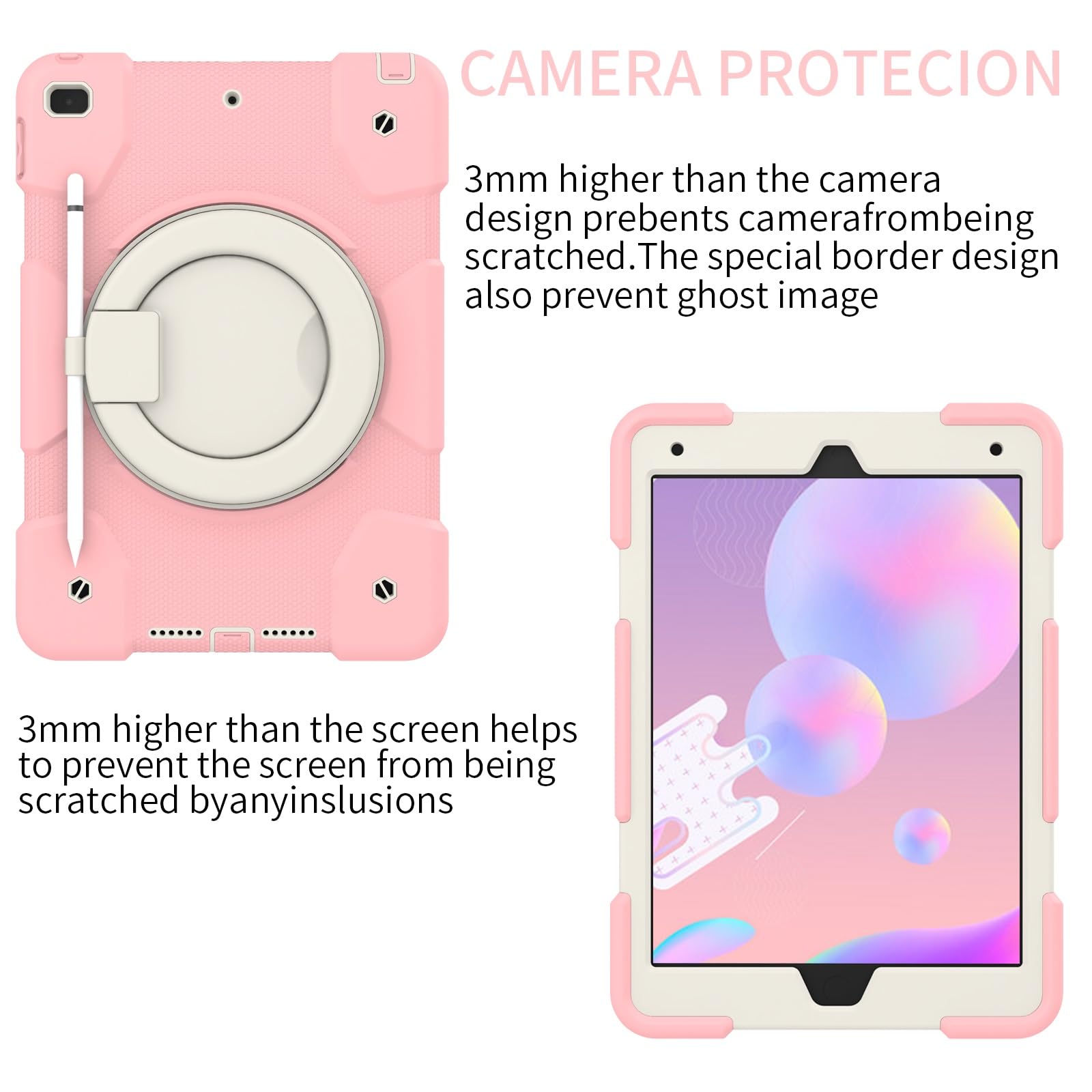 Etui dziecięce kompatybilne z iPadem 9./8./7. generacji 10,2 cala (etui na iPada 9/8/7 generacji), iPad7/iPad8/iPad9 obrotowym uchwytem, ​​stojakiem i paskiem, miękkie silikonowe etui tablety(Pembe)