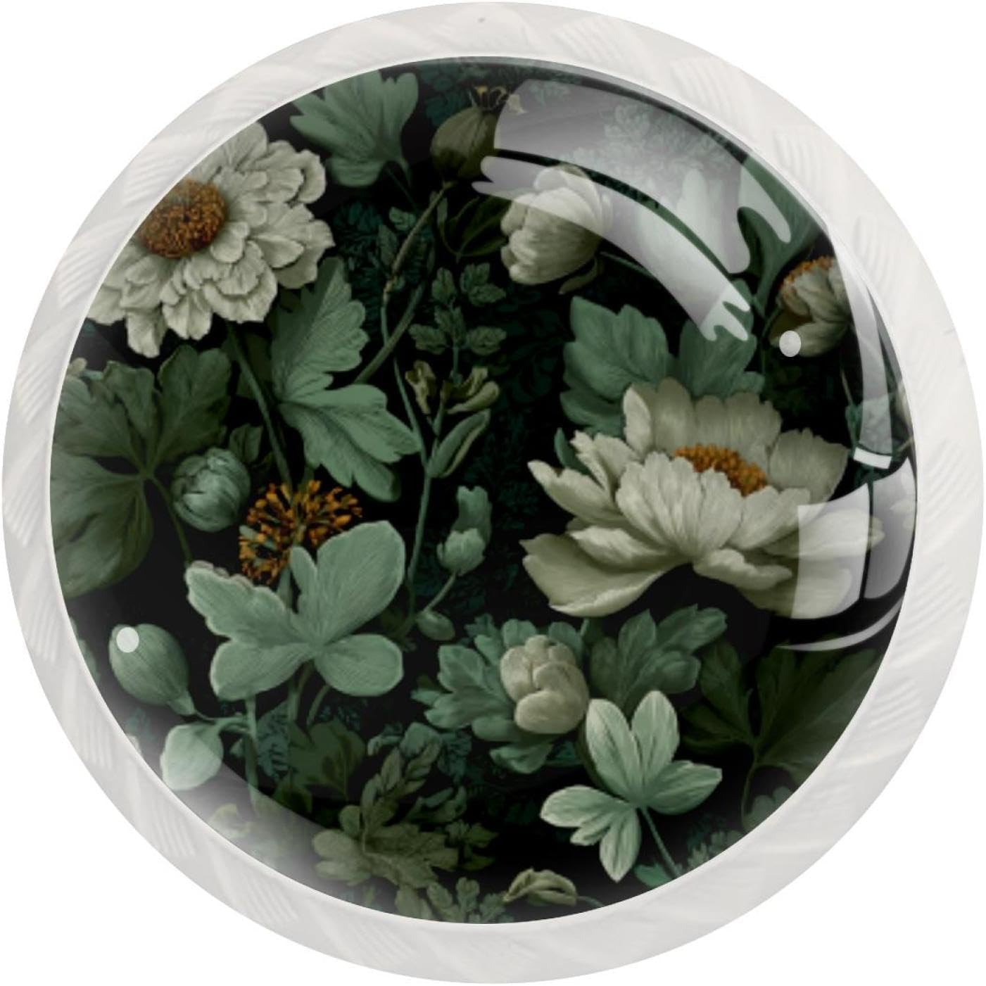 Black Sage Green Flowers (3) Pattern Cabinet Knobs, Decorative Drawer Pulls for Kitchen Cabinet, Furniture Hardware for Cupboard Closet Bedroom