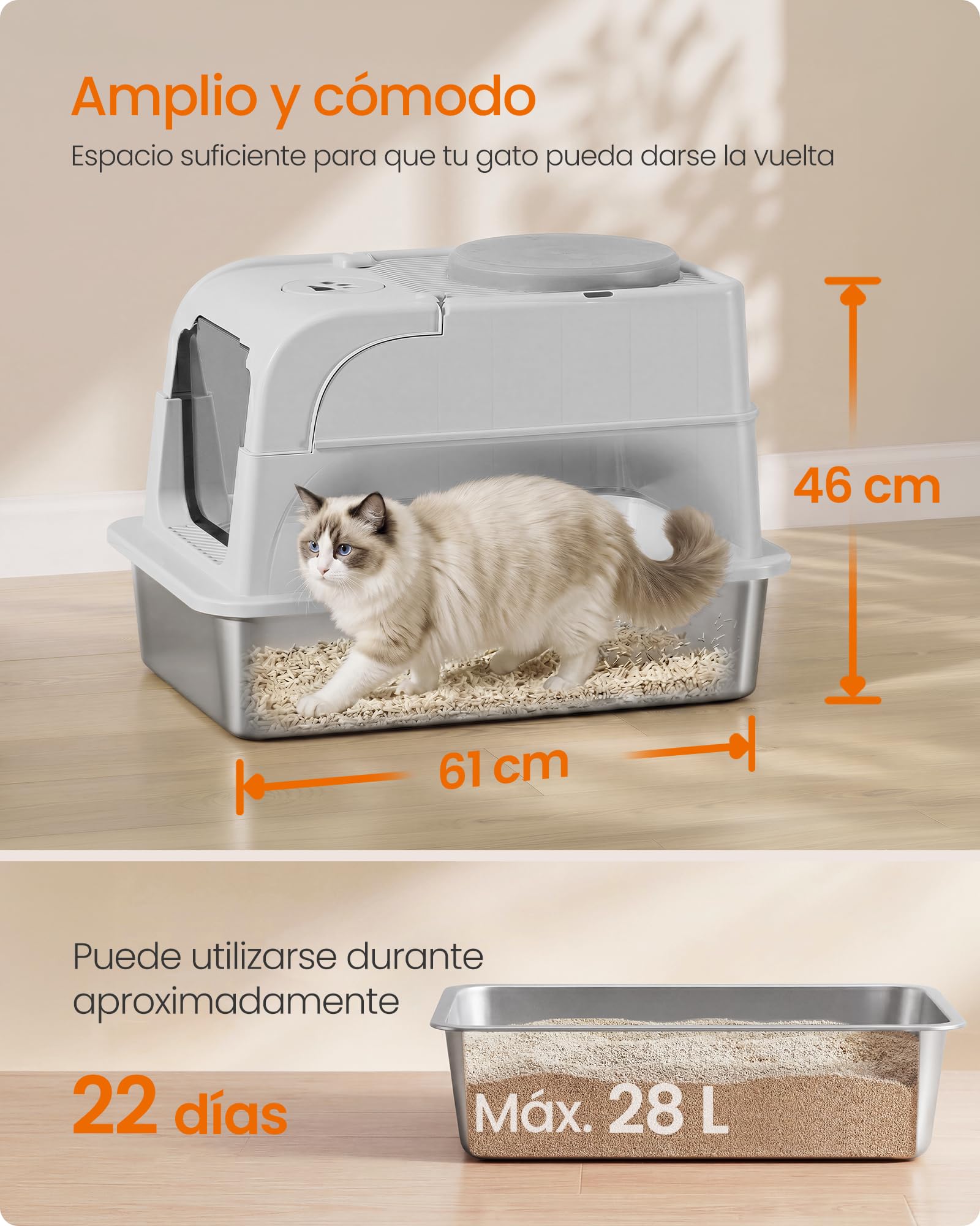 Feandrea Arenero para Gatos de Acero Inoxidable con Tapa, Caja de Arena Cerrada, 2 Entradas, Pala y Cepillo, para Gatos de hasta 15 kg, Gris Claro PPT021G101