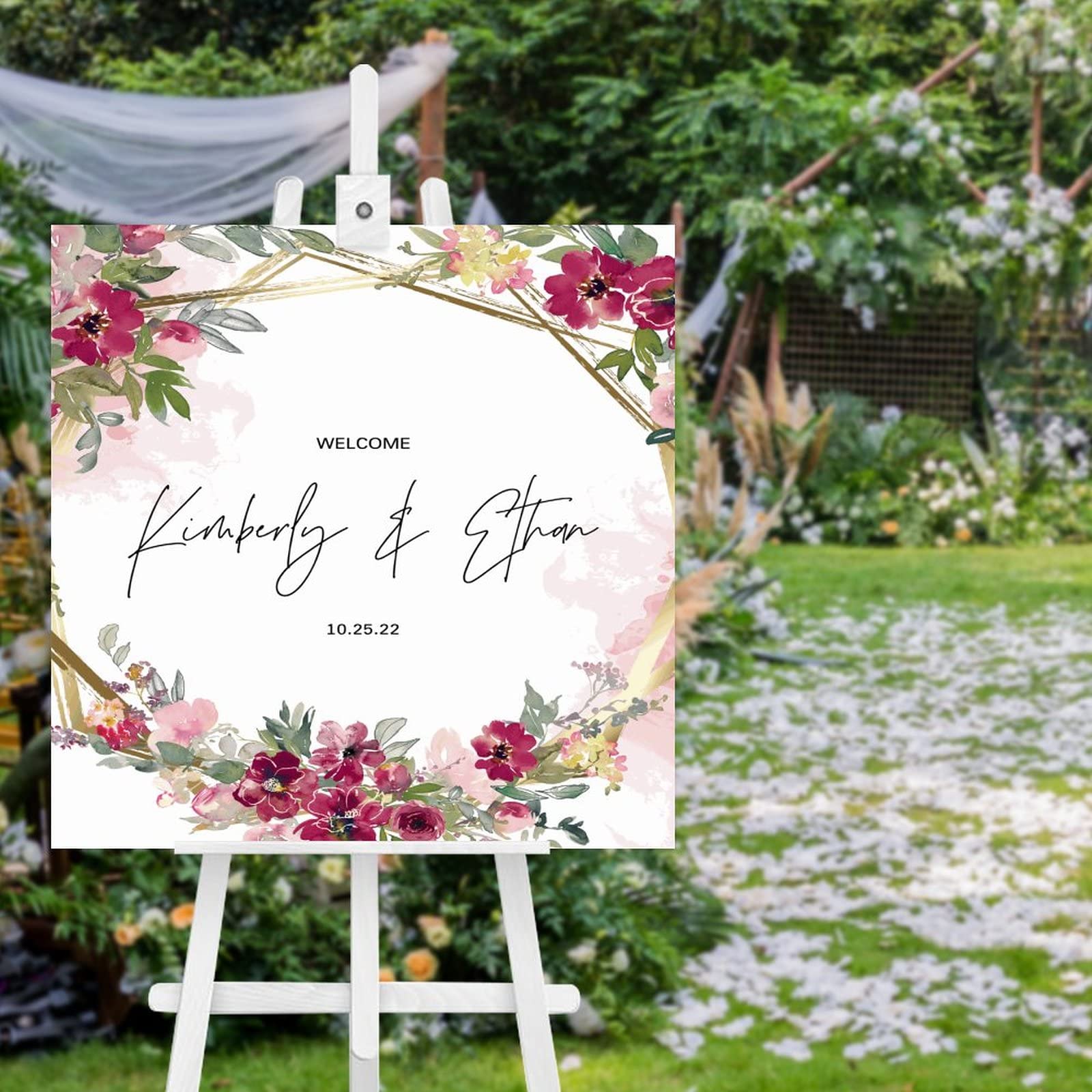 Panneau de bienvenue en bois pour mariage avec rose rouge, une signalétique de réception chic