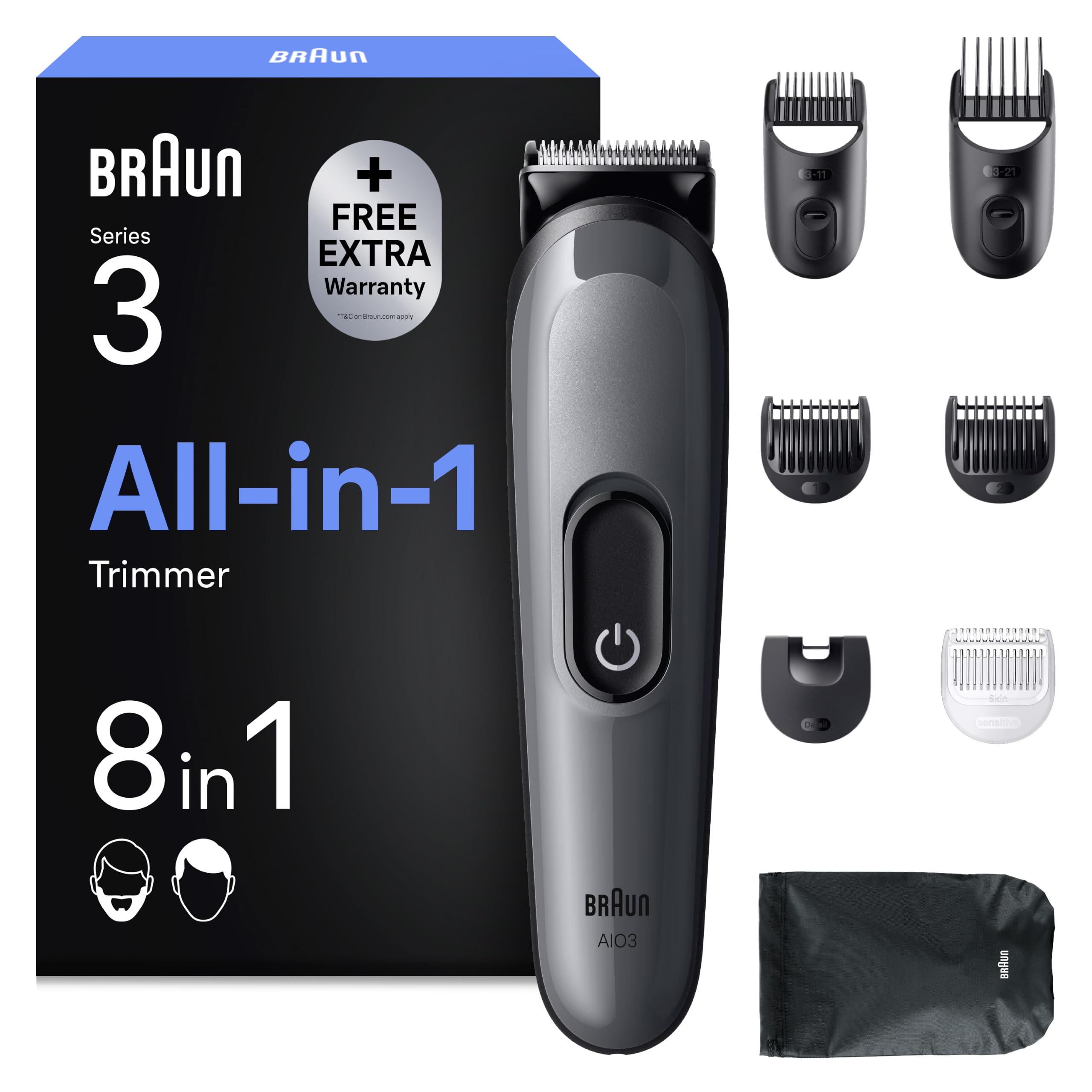 Braun Tondeuse Electrique Homme, Tout-en-Un Series 3 AIO3540, 3-en-1, Grise