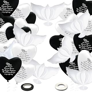 50 PC Memorial Balloons 40 White Black 8 Peace Dove Funeral Remembrance Balloons 2 Rolls of Ribbons