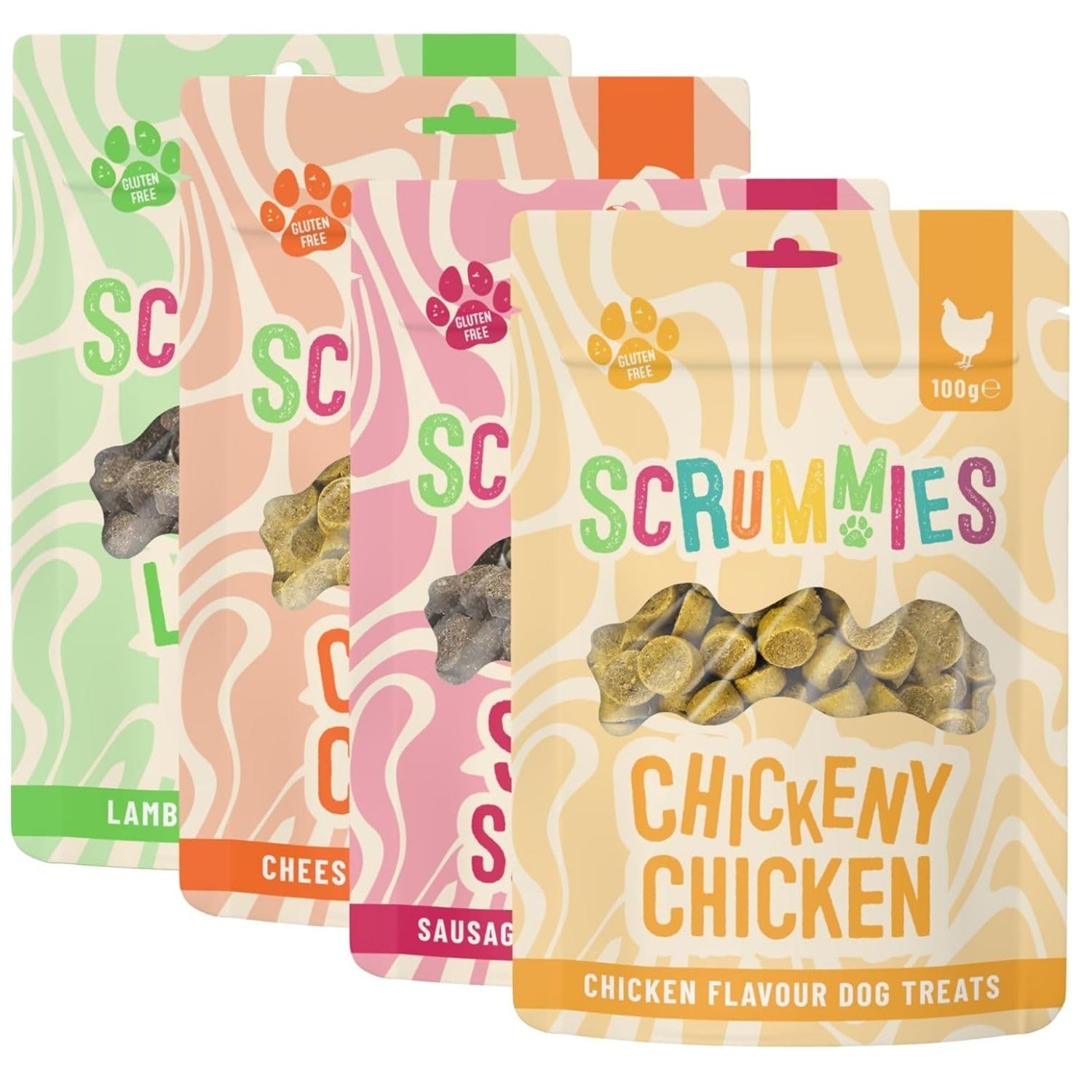 Scrummies Dog Treats Variety Pack – Chicken, Sausage, Cheese & Lamb Bite-Size Treats – Oven-Baked, Gluten Free, Low Fat, No Added Sugar – Healthy Treats for Dogs 12+ Weeks (Pack of 24, 100g)