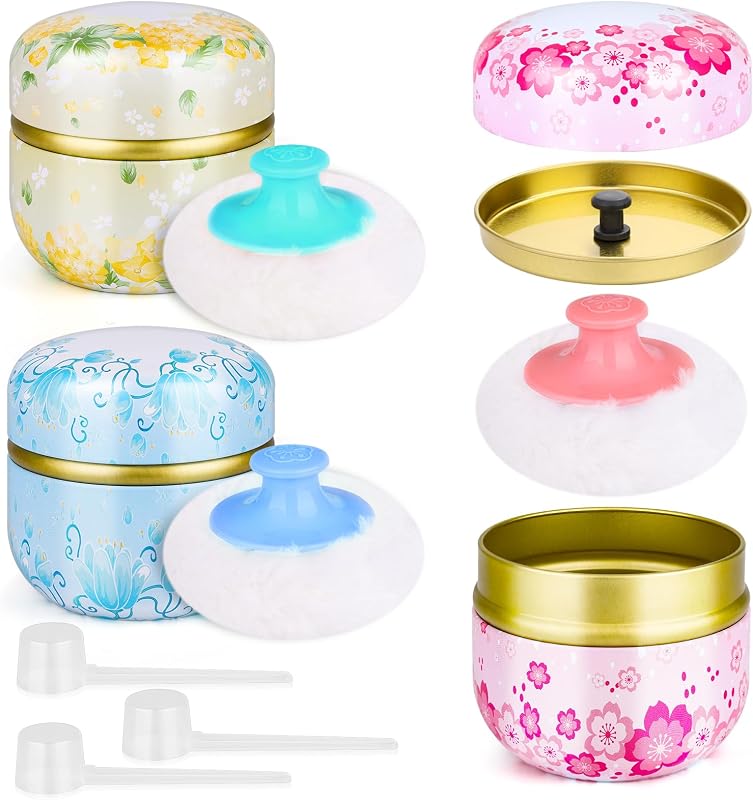 LifeisLuck Conjunto com 3 recipientes para pó com puffs e colheres medidoras, estampas florais, rosa, azul e amarelo