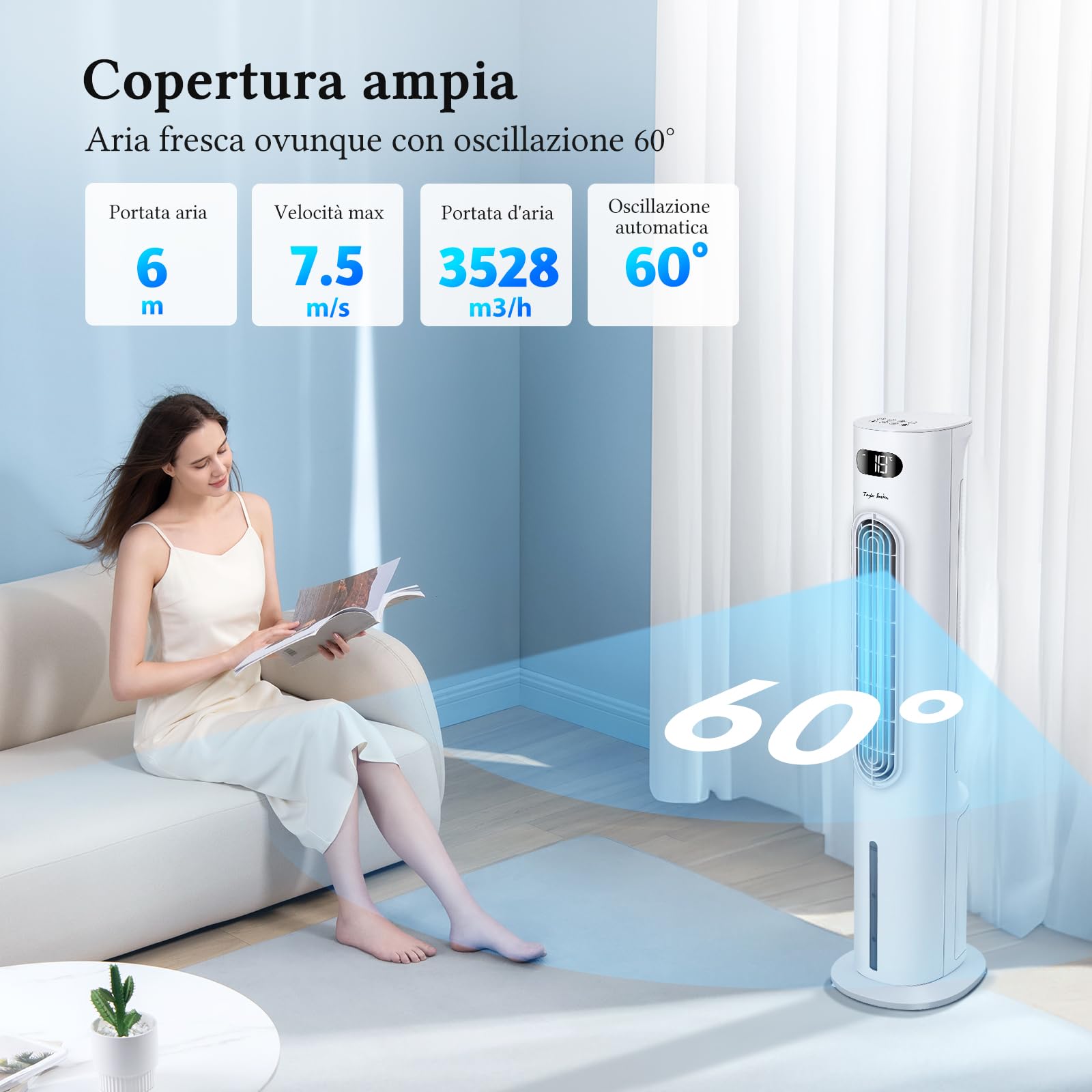 Taylor Swoden 3 in 1 grande raffrescatore d'aria portatile, Raffrescatore evaporativo silenzioso con serbatoio da 6 l, timer da 12 ore, 3 modalità, 3 velocità, telecomando, oscillazione, 95 W, Bianco