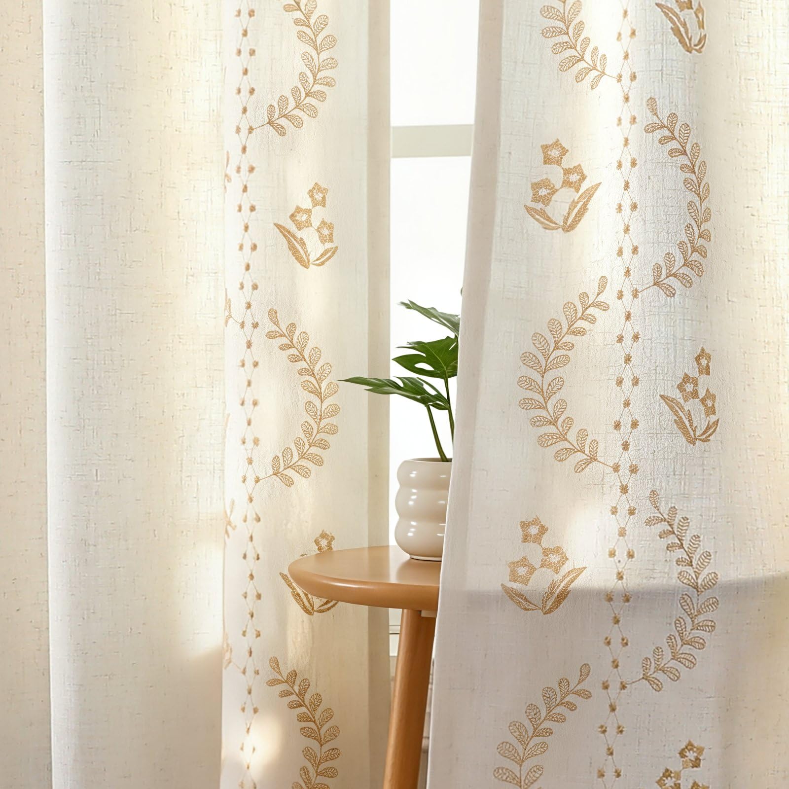 Gold Embroidered Curtains - Vintage Floral Drapes -1