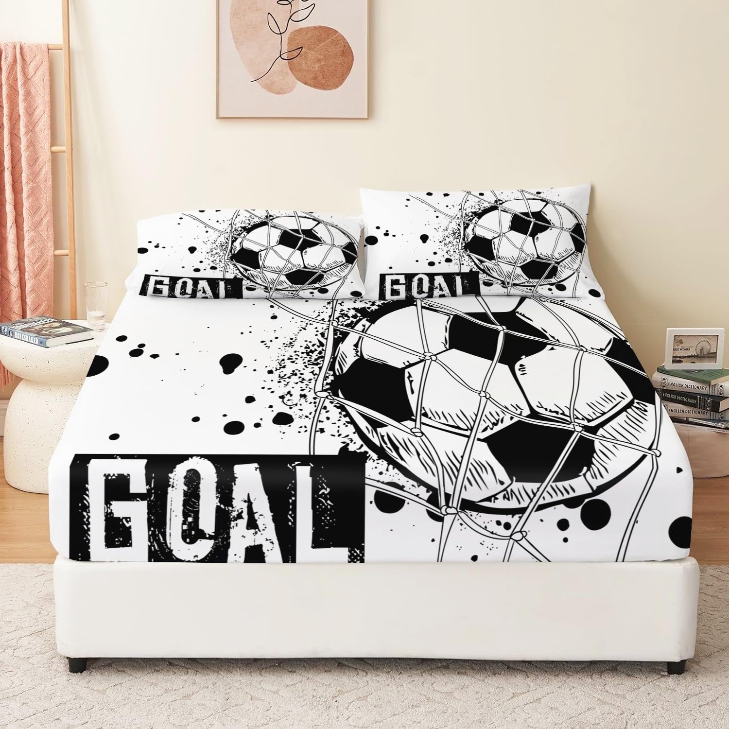 Sábana bajera ajustable para niños, niñas y adolescentes, tamaño individual, 90 x 190 cm, microfibra suave, resistente a la decoloración, con temática de fútbol en blanco y negro, juego de sábanas con