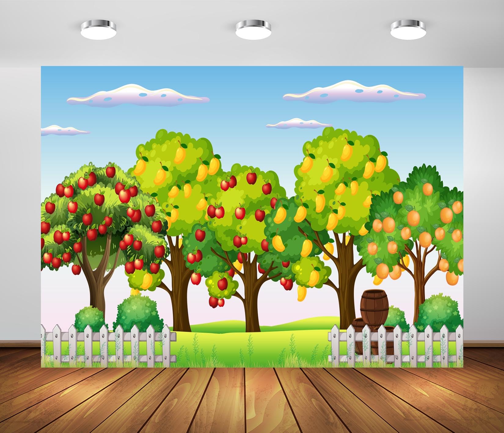 BELECO 7x5ft Fabric Cartoon Fruit Garden Backdrop Farm Scene Fruits Trees, Apples Oranges Background Fruits Party Kids Children Birthday Baby Shower