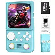 R36TMAX Upgraded Retro Handheld Game Console with 4000mAh Battery, 4.0'' IPS Screen, Retro Gaming Console with Portable Case, Supports WiFi Networked Fighting and OTG (128GB Blue)
