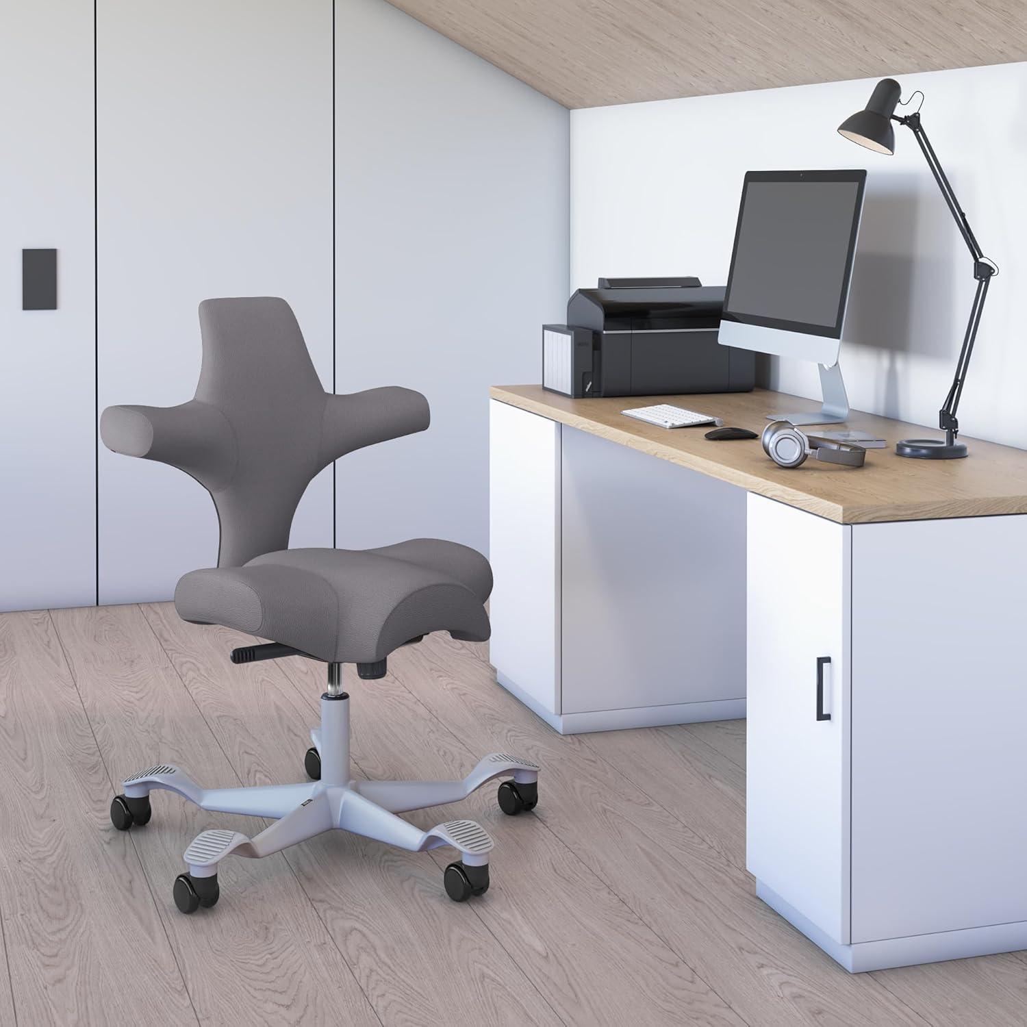 HAG Capisco Standard Chair-Silver Frame-Upholstered Ash Gray Leather