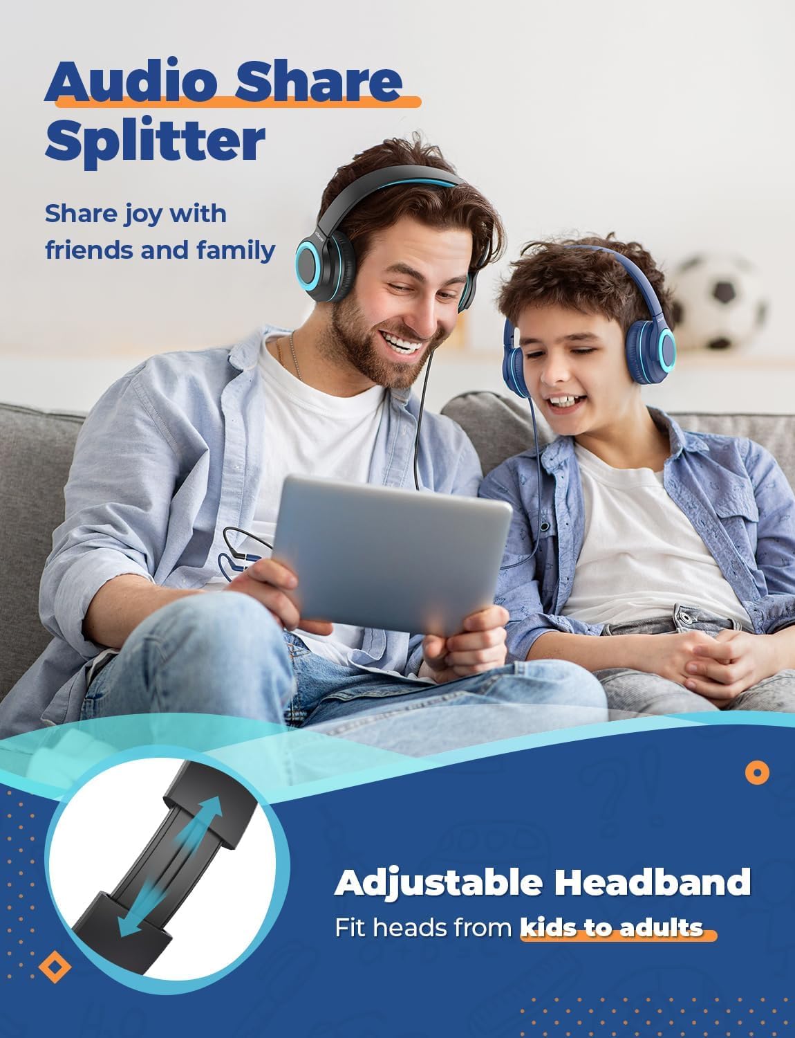 iClever Auriculares para niños [2 Unidades] – 85dB Volumen Seguro Limitado – Auriculares con Cable para niños con Divisor compartido, Auriculares estéreo Plegables para tableta/MP3/4