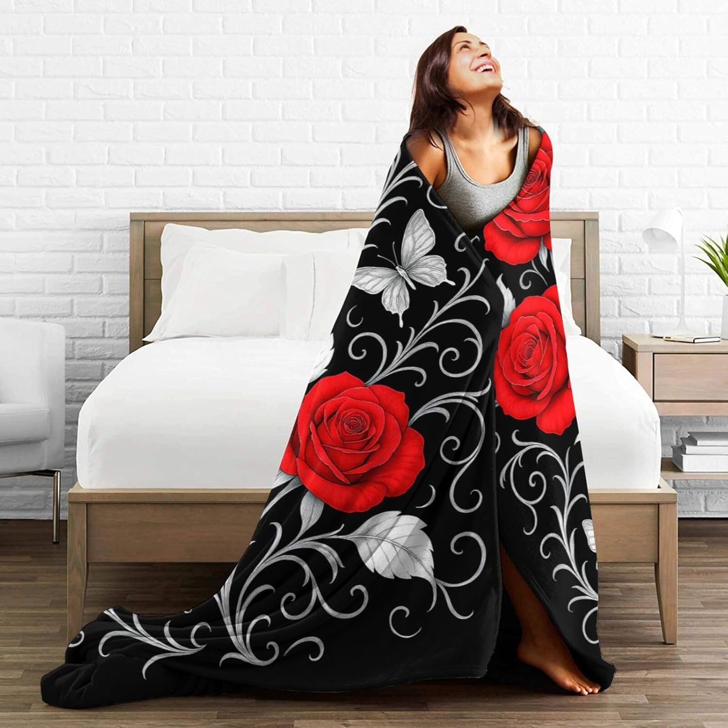 Rose Floral Blanket Red Roses Flower Throw Blanket Soft Warm Cozy Fleece Fuzzy Plush Flannel Blankets Gifts for Girls Women Boys Kids Adults 40"X50" - Image 4