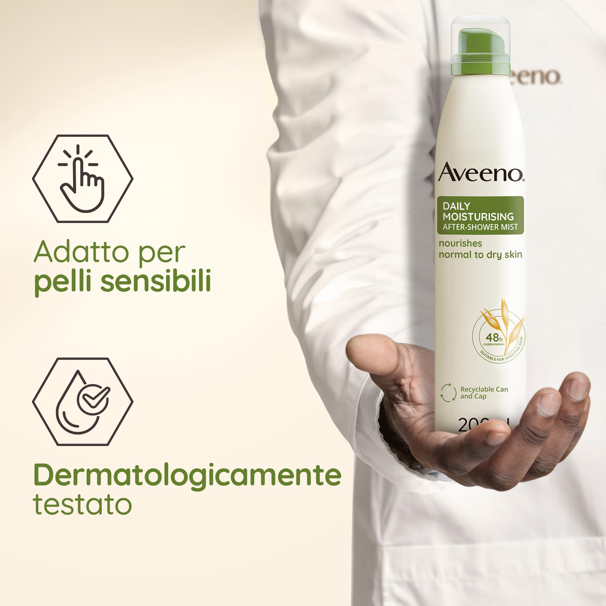 Aveeno Daily Moisturising Spray Dopo-Doccia, Crema corpo idratante in spray con Avena, Crema corpo spray per pelli secche e sensibili, Spray corpo senza profumo, 200 ml