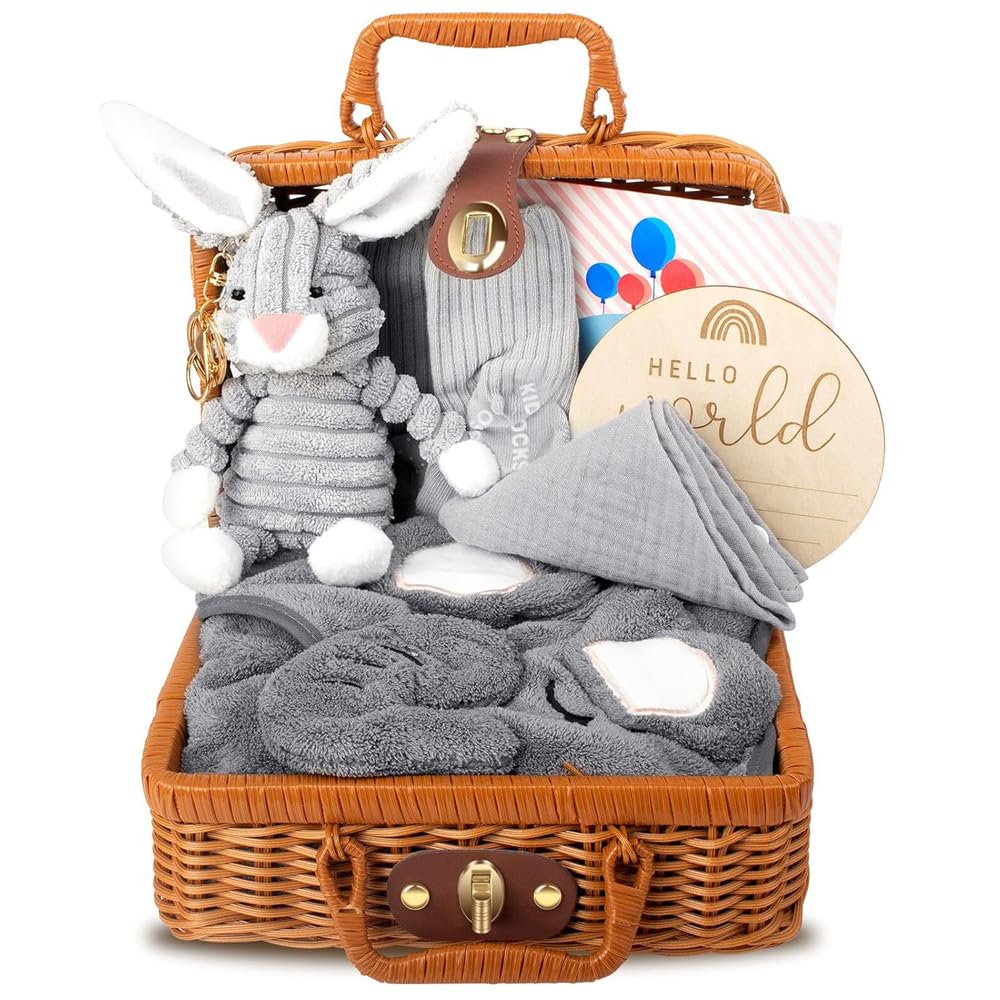 Neugeborenen Geschenk, Baby Geschenke zur Geburt, 7 in 1 Baby Geschenkset Geburt mit Babydecken,Socken, Geschenkboxen Körbe, Baby Dreieckstuch, Plüschtiere, Grußkarten, Geburtskarten