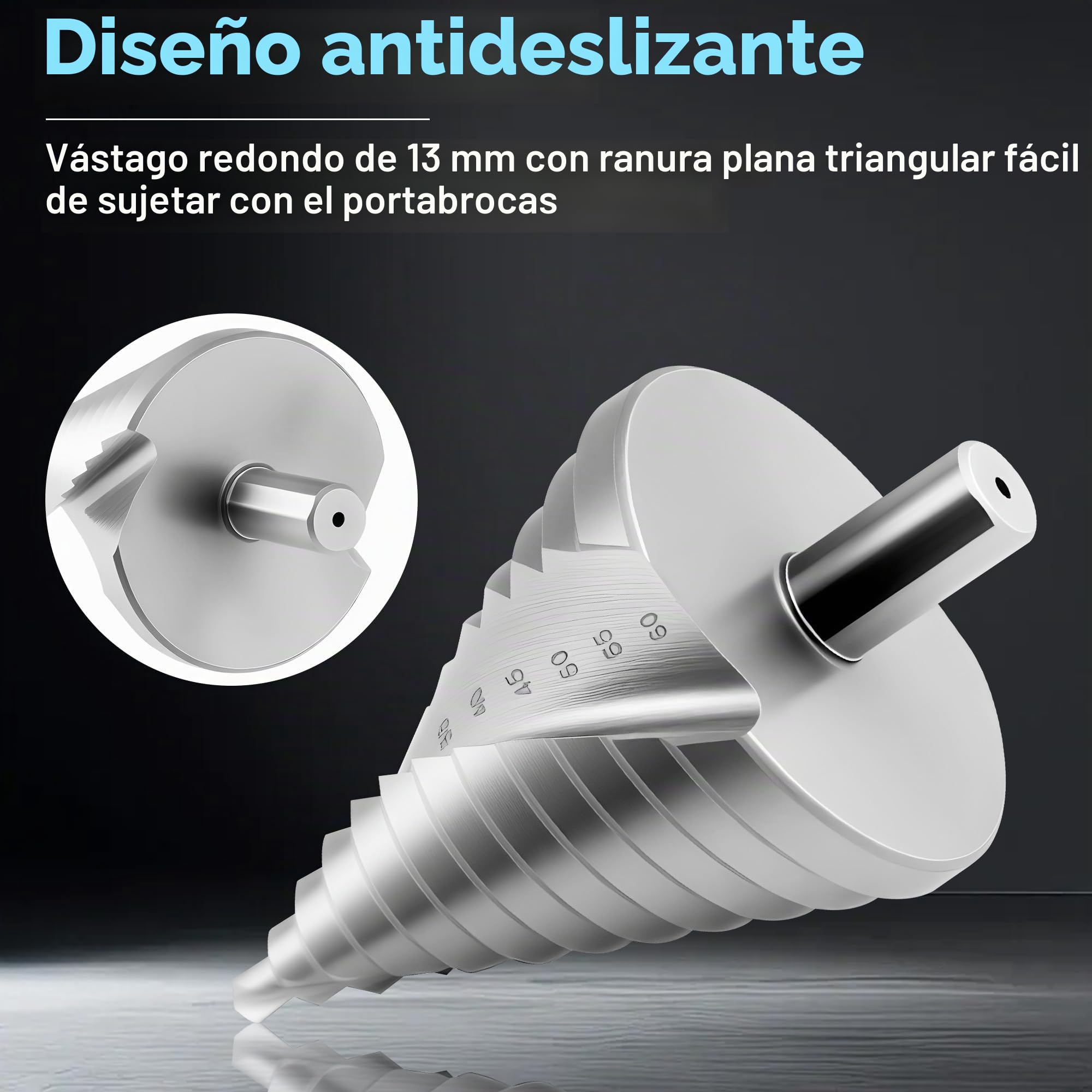 JIZZU Brocas Escalonada, Broca HSS de 12 Pasos, 6-60 mm, Broca Escalonada Para Metal, Vástago de 13 mm, Broca Conica, Acero Inoxidable, Plástico, Madera