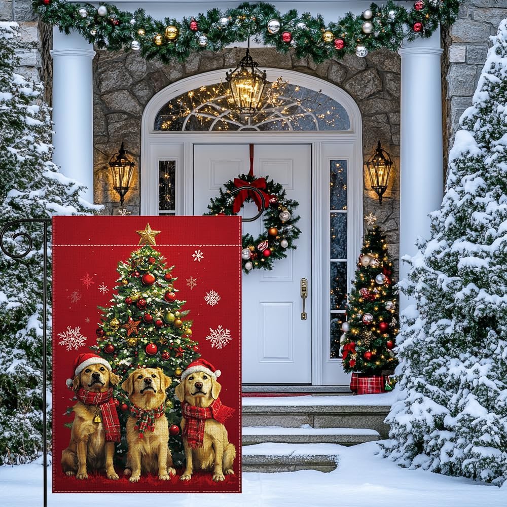Winter Dog Garden Flag 12x18 Inch Double Sided Snowflake Christmas Tree Yard Outdoor Flag House Holiday Outside Decoration - Image 6