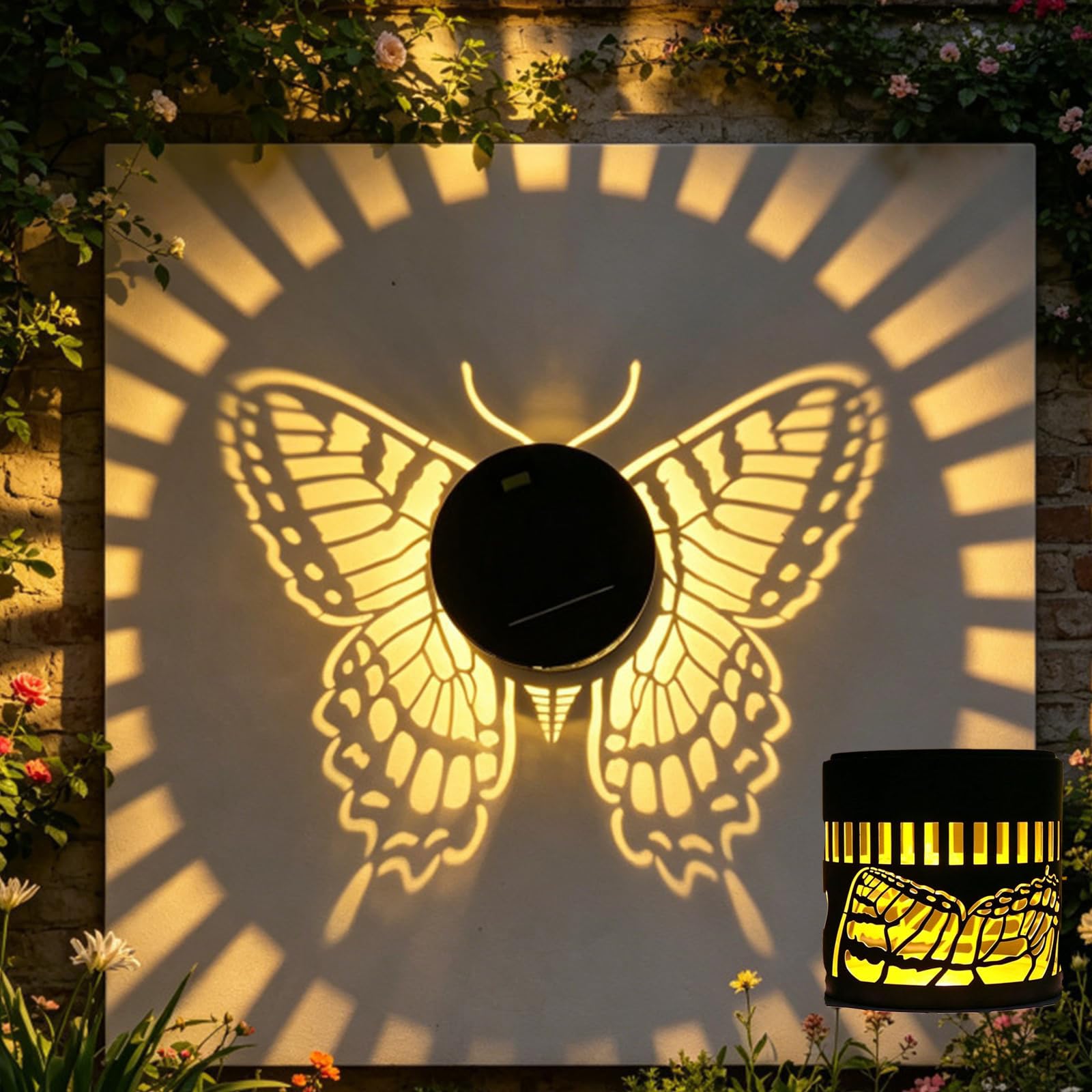 4 Pack Solar Mandala Wall Lights, Ip65 Waterproof Seven-Color Changing Decorative Solar Mandala Projection Lamp, Outdoor Waterproof Metal Fence Light for Yard Garden (1, Yellow - Butterfly)