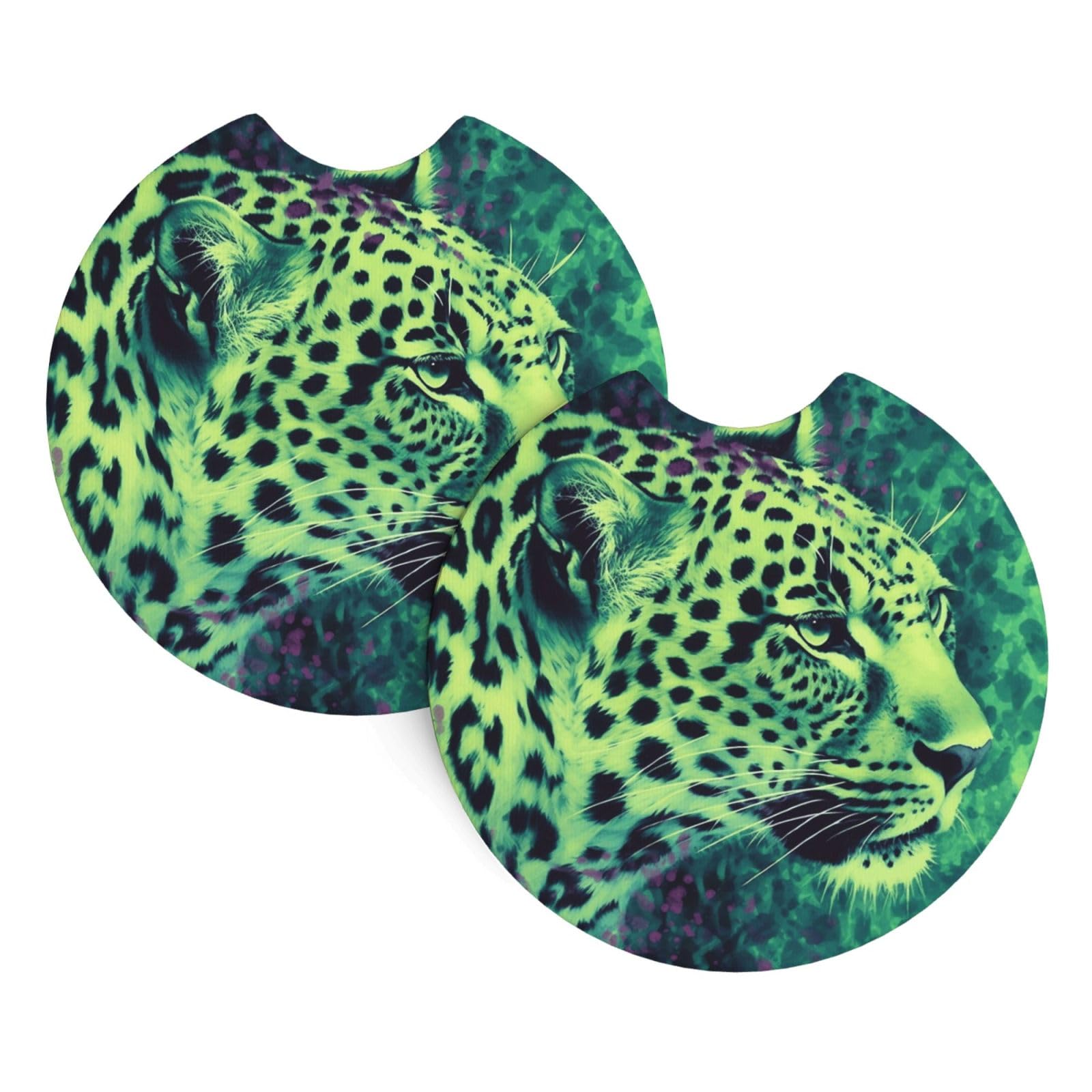 2PCS Car Coaster for Cup Holders Universal Auto Cup Mat Green Leopard Cup Coaster Pad 2.7" Waterproof Neoprene Non-Slip Cup Holder Coasters Car Interior Accessories for Women Men