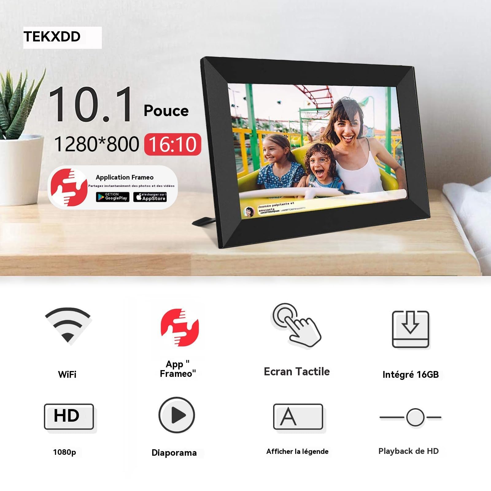 Cadre Photo Numérique 10.1 Pouces WiFi, 1280x800 HD IPS | Cadre Numérique Photo Tactile 32G, Rotation Auto pour Vidéo Musique, Cadeau Familial
