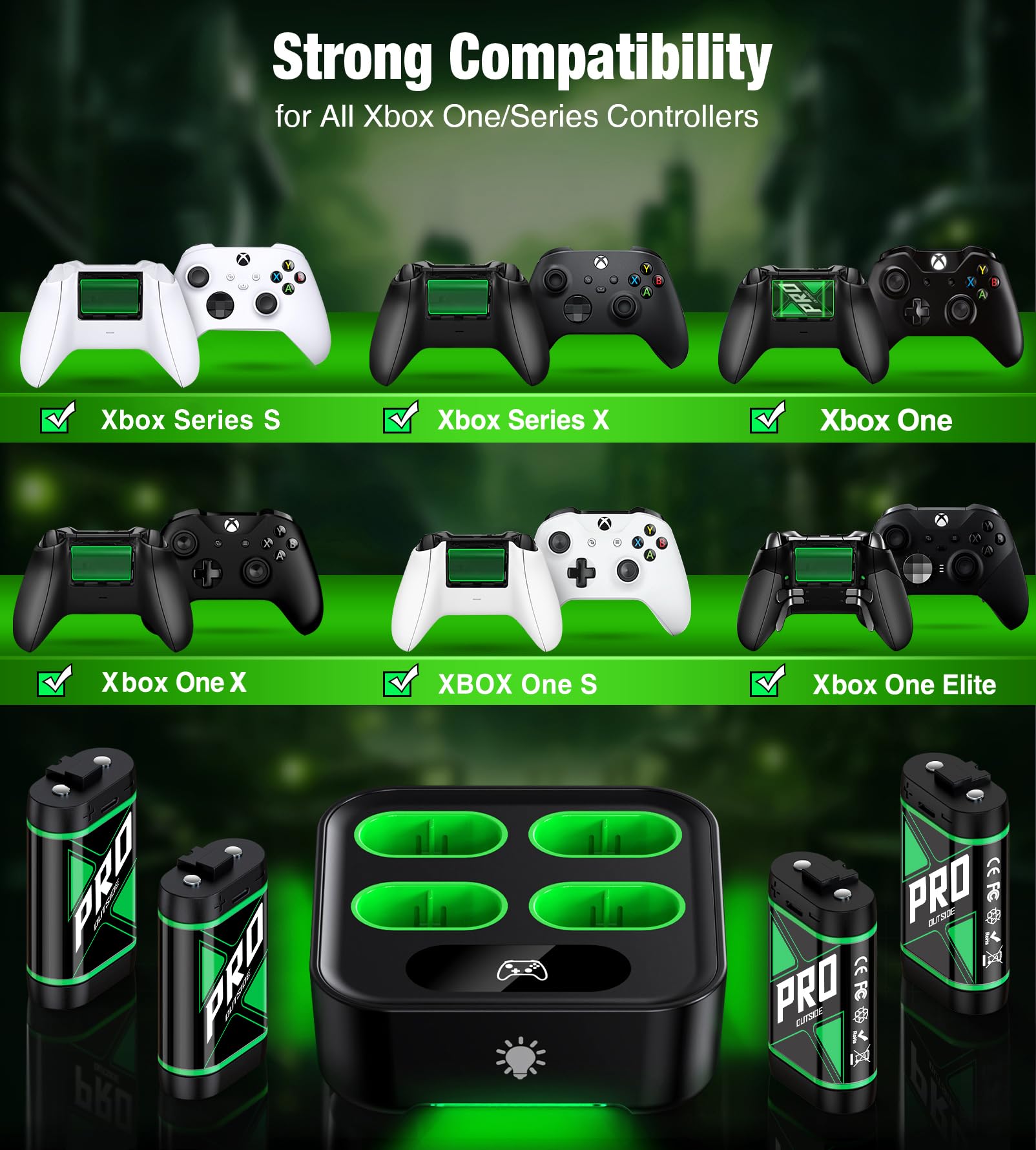 Paquetes de baterías recargables de carga rápida actualizadas para Xbox, 4 baterías de controlador Xbox de 4080 mWh con base de cargador y control de luz para Xbox Series X|S, controladores One S/X