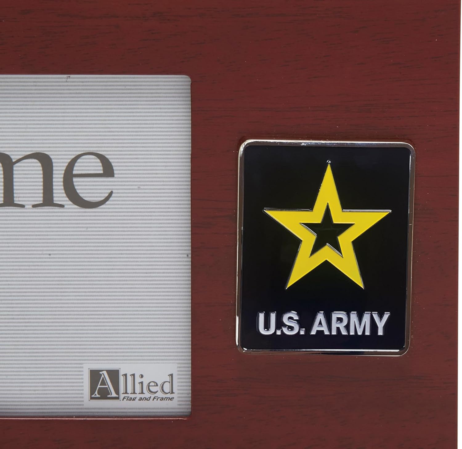 Allied Flag US Army Picture Frame with Army Logo Medallion - 4"x 6" Picture Opening in a Mahogany Stained Hardwood Frame that is 6.5" x 9.5" with Die Cast Medallion and Desktop Easel.