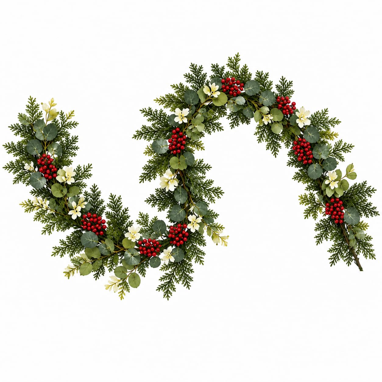 Weihnachtsgirlande 1,8 m Tannengirlande künstlich, Kieferngirlande mit Eukalyptus Optik und roten Beeren, Tannengrün für Treppe Kamin Tür Fenster Weihnachtsdeko