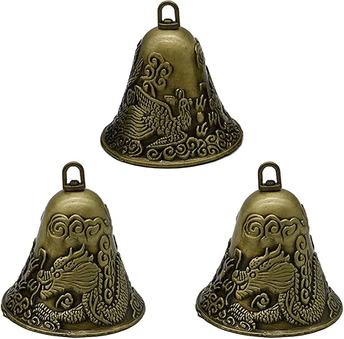 3 campanas colgantes vintage con diseño de dragón y fénix de bronce tallado Feng Shui Jingle Bell de 2.3 x 2.6 pulgadas, campanilla de viento para