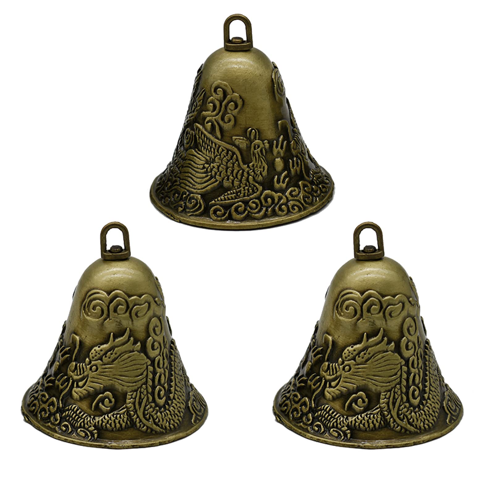 3Pcs Vintage Hanging Bell with Dragon and Phoenix Pattern Carved Bronze Feng Shui Jingle Bell 2.3x2.6inch Temple Wind Chime Bell for Home Garden Wedding Door Pet Decoration