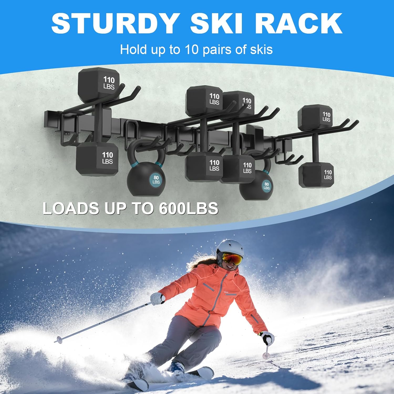 Ski Rack Wall Mount,10 Pairs Ski Holders for Wall with Movable Rubber-Coated Hooks for Garage Storage Organizer System,Snowboard Wall Mount for Garage and Home Shed, Holds Up to 600lbs - Image 4