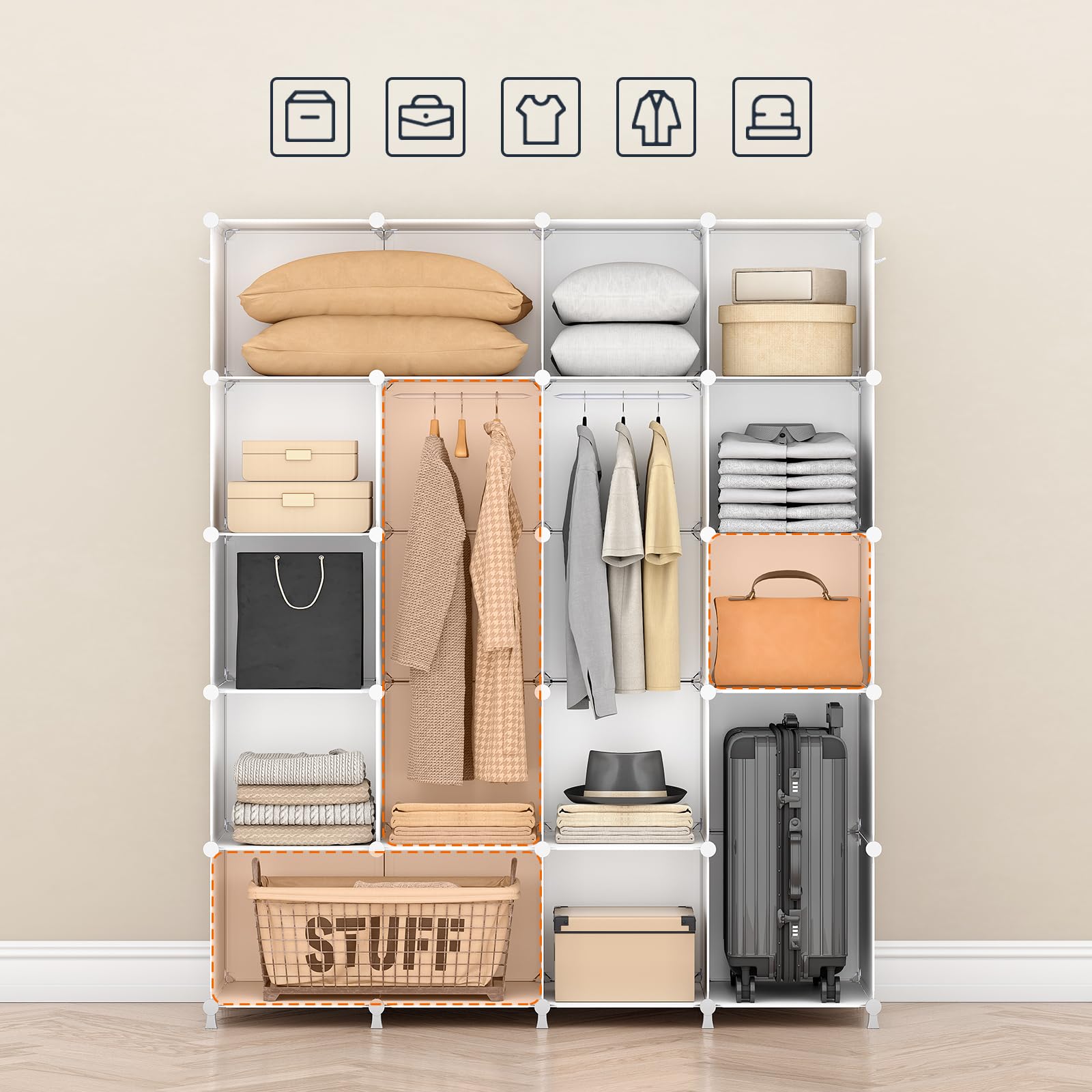 HOOBRO Armoire Penderie Modulable, 20 Cubes, Armoire Chambre Portable, Armoire de Rangement avec Portes et tringles, 2 patères, pour Vêtements, Chaussures, Jouets, Blanc EWT45LY01N1