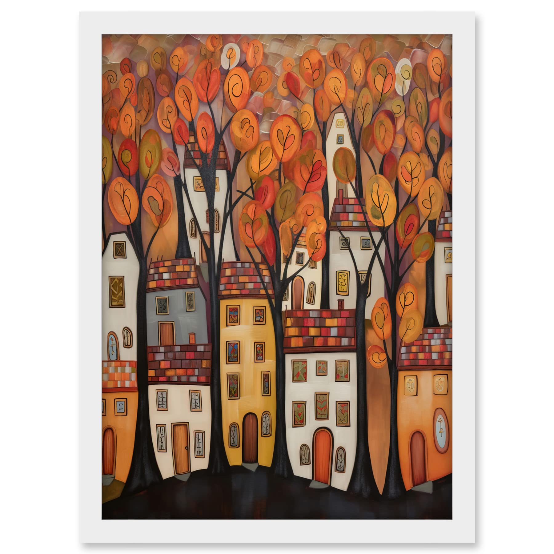 Artery8 Cityscape With Trees In Autumn Contemporary Folk Art Painting Artwork Framed A3 Wall Art Print