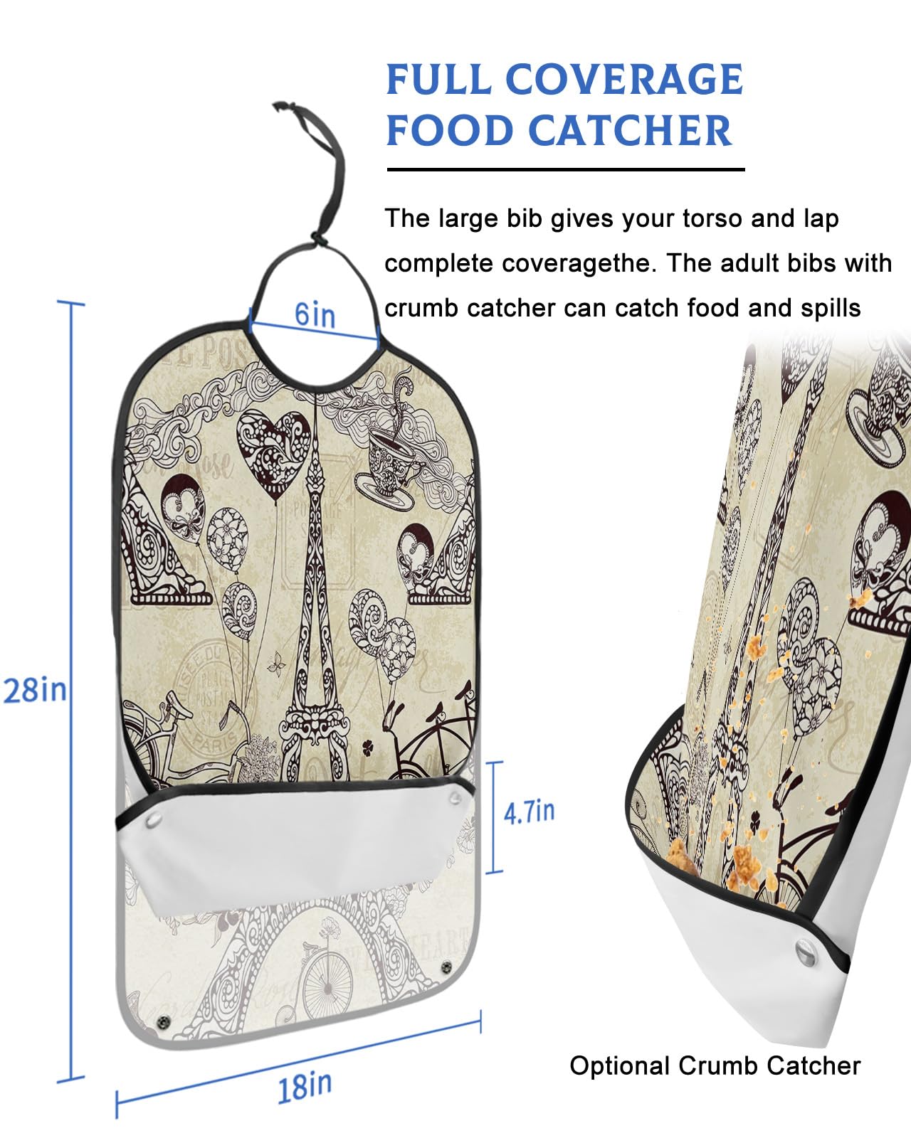 Valentines Eiffel Tower Adult Bibs for Eating, Waterproof Bibs with Food Catcher & Adjustable Snap Closure, Retro Bicycle Love Heart Balloon Clothing Protectors Adult Bibs for Elderly Women/Men