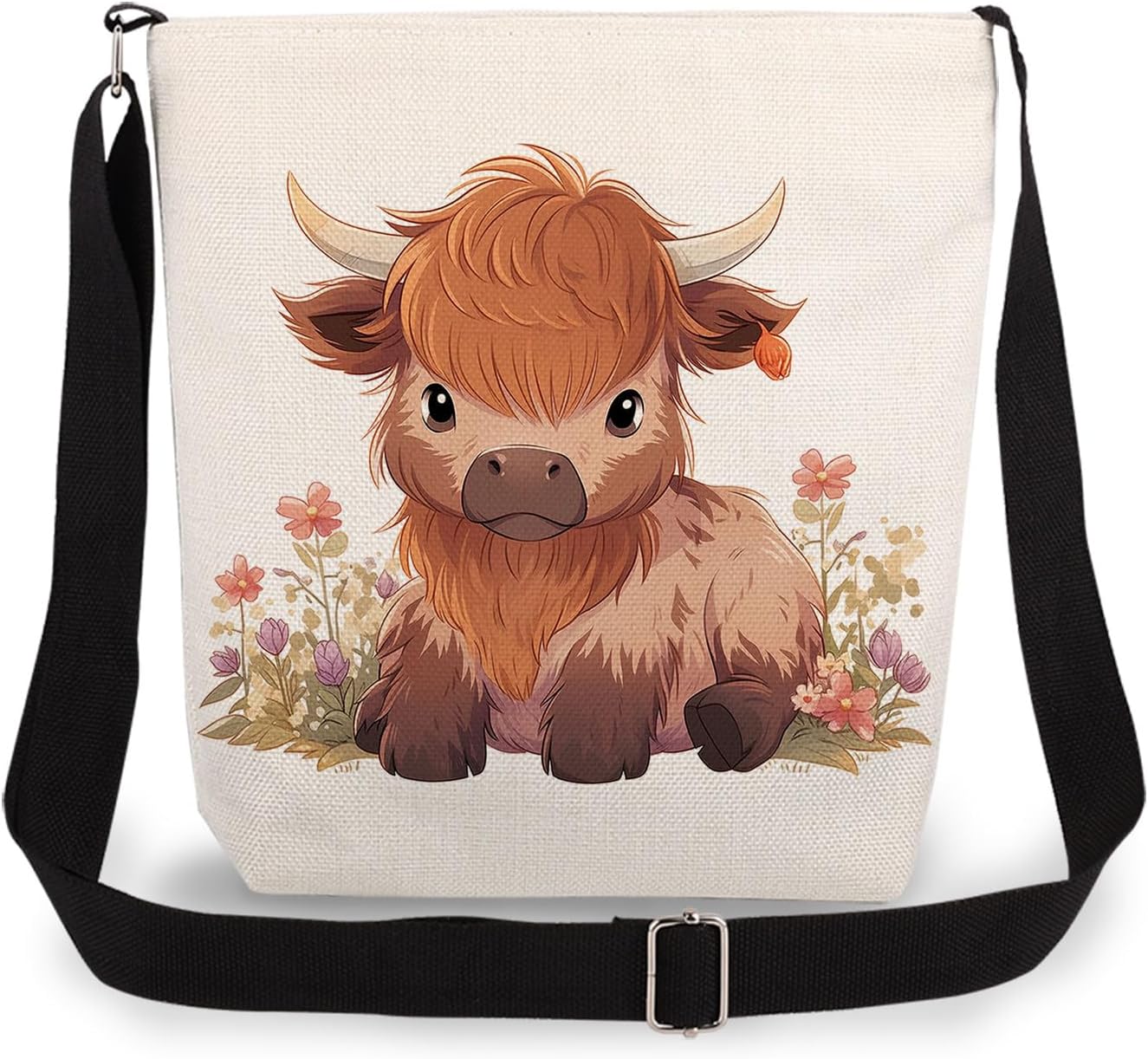 Cartoon Highland Cattle Print Canvas Crossbody Bag, Adjustable Strap Lightweight Purse with Top Zipper & Inner Pocket, Daily Shoulder Bag Gift for Women