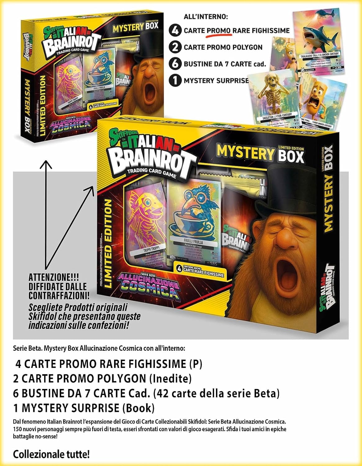Generico Skifidol Italian Brainrot Mystery Box kosmiczne halucynacje, edycja limitowana, 4 rzadkie karty promocyjne, 2 wielokąty, 6 saszetek po 7 kart - 42 karty