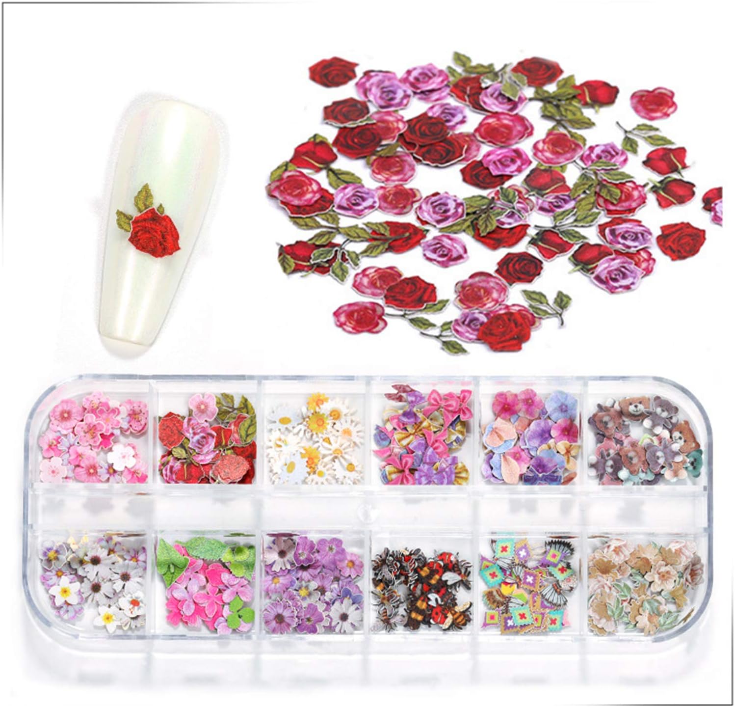 MiaoWu 12 Designs 3D Flower Nail Sequins Holographic Simulation Flower Nail Art Stickers Flowers Designs Ultra Thin Wood Pulp Flakes Sequins for Acrylic Nails DIY Design Manicure Tips Nail Art