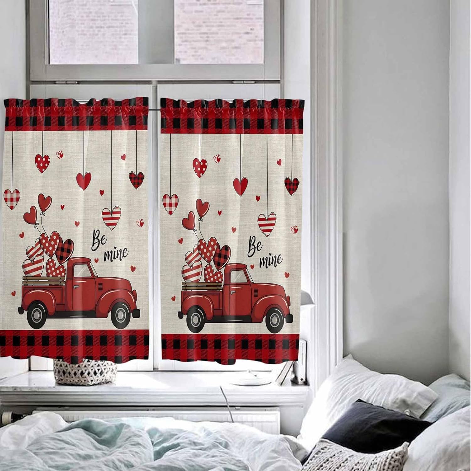 Curtain Tier and Valance Set of 2 - Valentine's Day Love Truck Red Valances Curtains for Living Room Bathroom Bedroom - Semi Sheer Rod Pocket Window Curtains Light Filtering Kitchen Valance 27.5"x45"