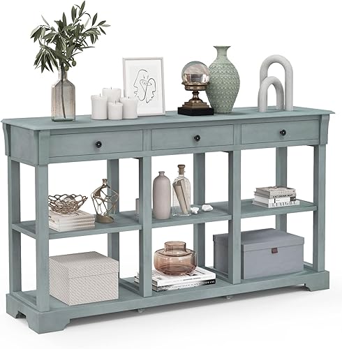 Giantex Mesa consola con almacenamiento, mesa de sofá de 58 pulgadas de largo con 3 cajones y estantes abiertos, patas de madera maciza, mesa de