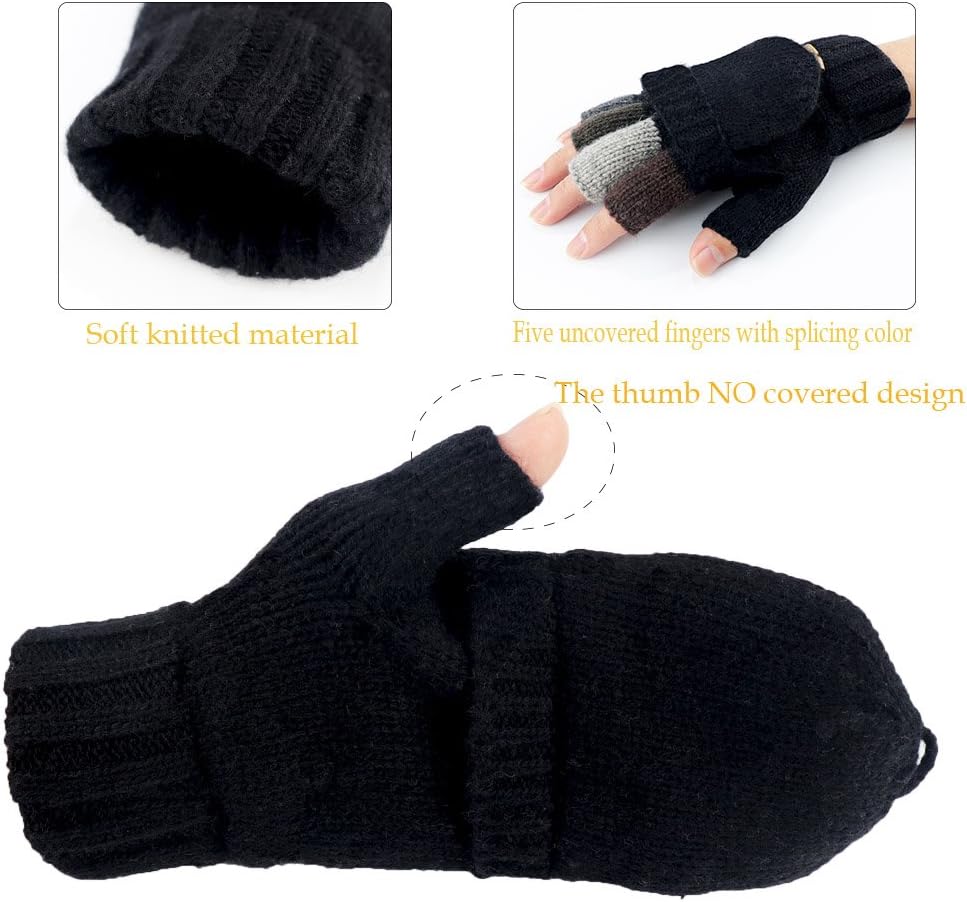 Winter Warm Knitted Fingerless Gloves Convertible Wool Gloves with Mittens Cover for Women and Men - Image 2