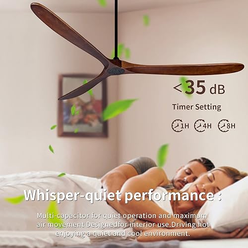 Miniatura 6 de Ventilador de techo de madera para interior/exterior de 88 pulgadas, ventilador de techo de 3 aspas con control remoto, 2 varillas, motor DC Cuerpo