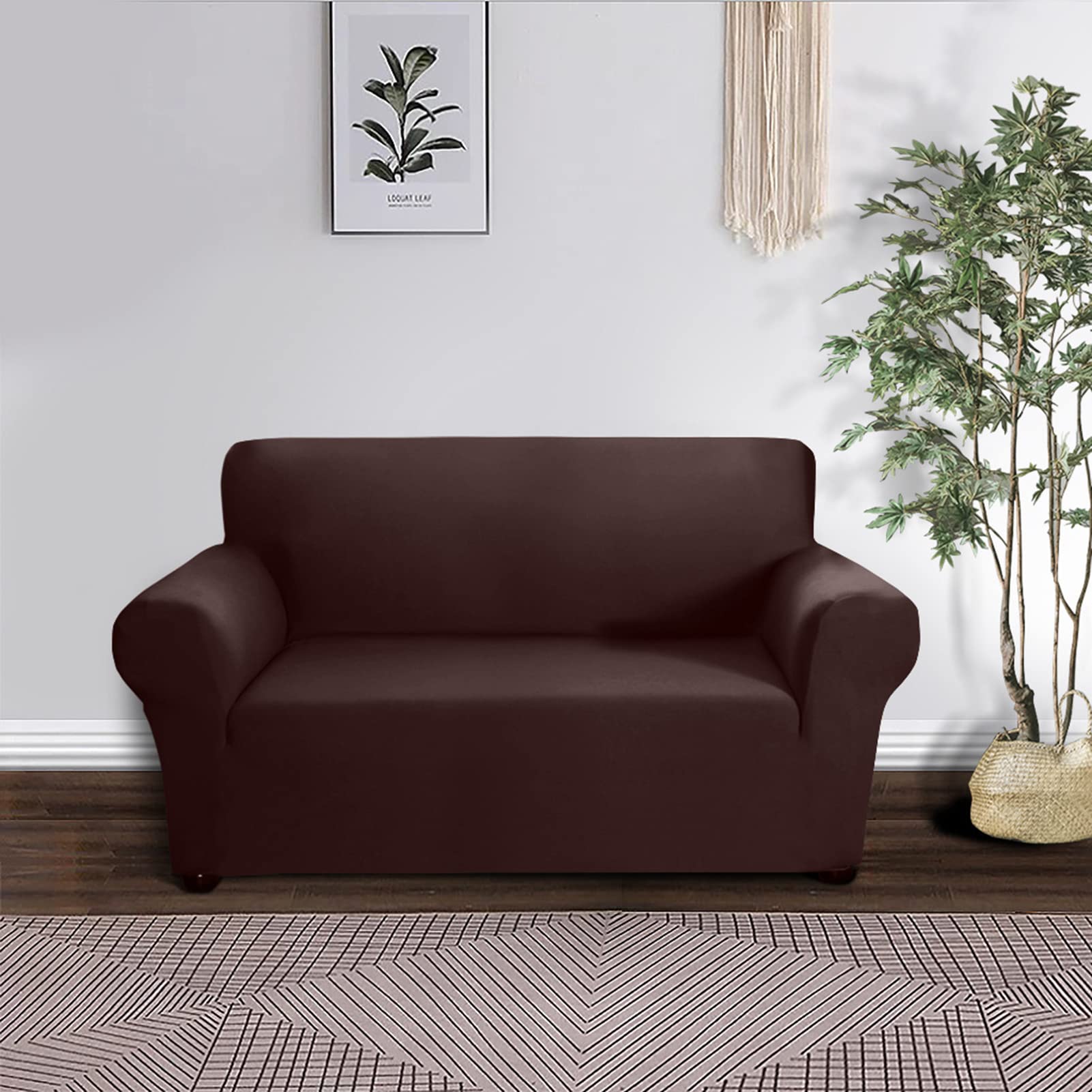 Housse de canapé pour salon chaleureux couleur café extensible 2 places