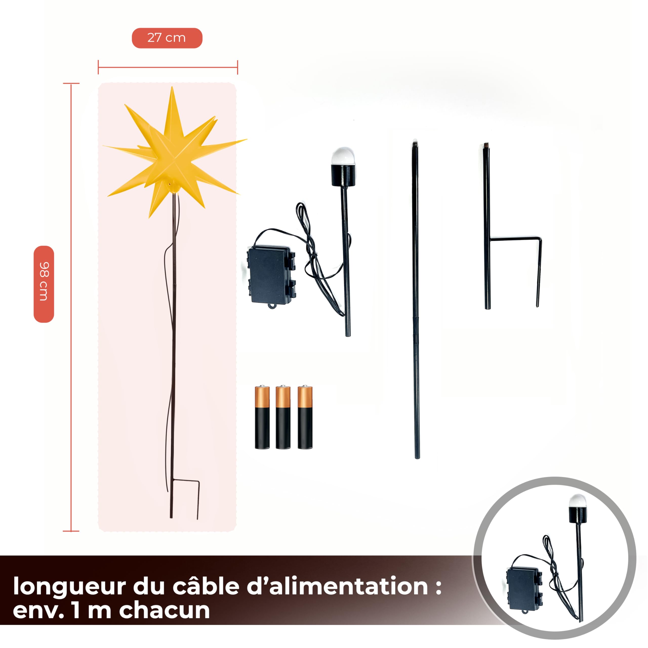 Etoile Lumineuse 3D avec éclairage LED | Set de 3 avec Piquet de Terre | Jaune | Ø 27 cm | Etoile 3D | résistant aux intempéries | Décoration de Jardin | Etoile de Noël | avec minuterie | sur Piles