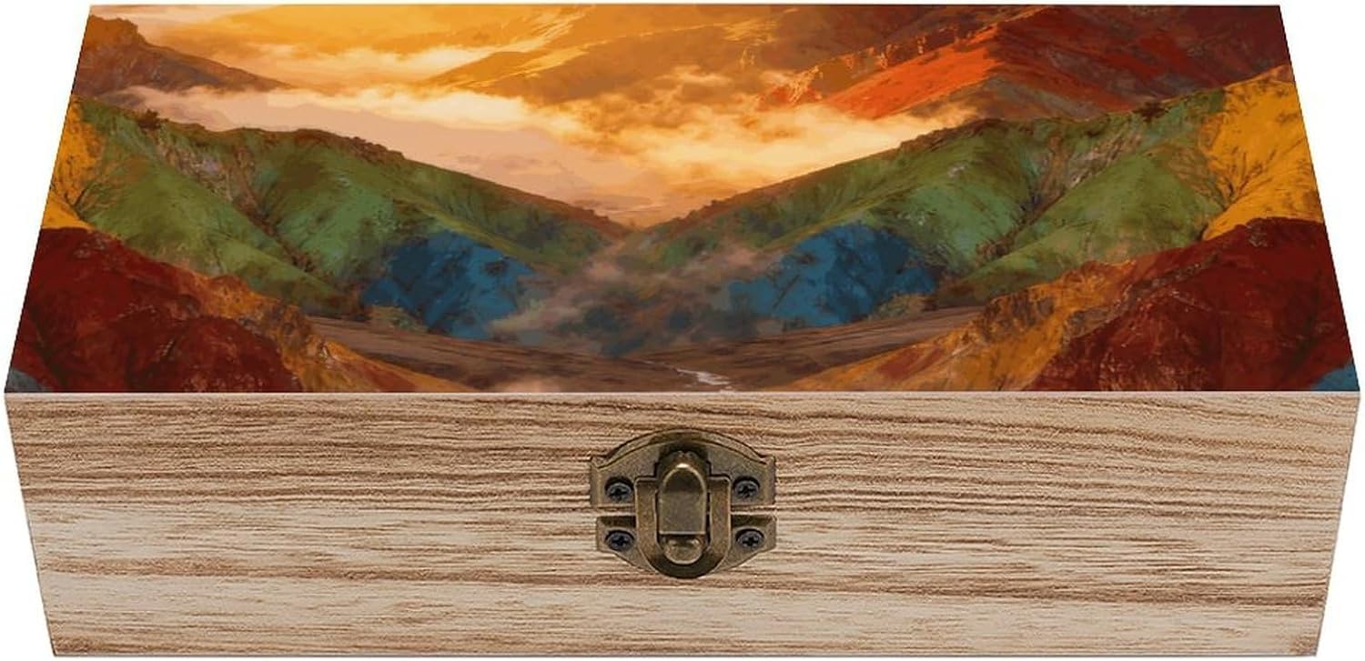 Colorful Mountain Wooden Storage Box Vintage Decorative Storage Case Multi-Functional Wooden Organizer Box with Exquisite Pattern for Home Desktop Organization & Gift Giving