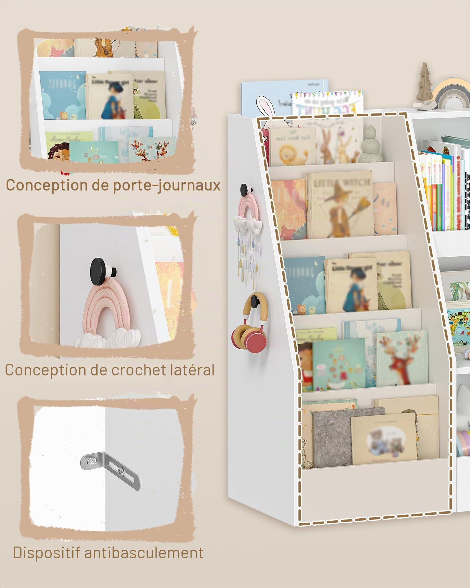 Hzuaneri Meuble Rangement Enfant, Bibliothèque Enfants, avec 5 étagère à Livres et 5 étagères Ouvertes, étagère Rangement Enfants, Chambre d'enfant, Salle de Jeu, Blanc, 40 x 90 x 90 cm, KB23003X