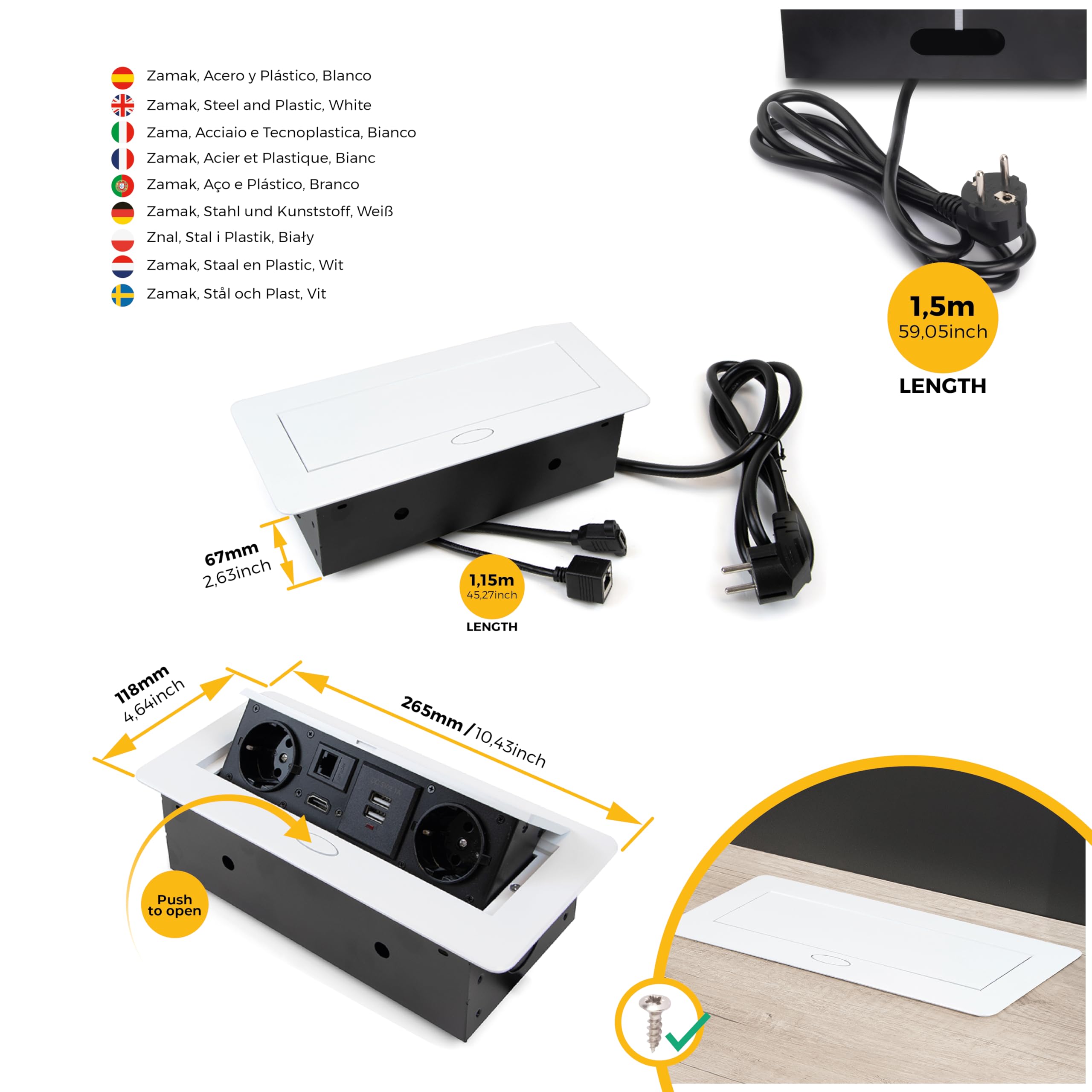 Emuca - Blocco multipresa a scomparsa da incasso nella scrivania, ciabatta multipresa (spina EU tipo F, USB A+C, RJ45 e HDMI), 265x120mm, bianco