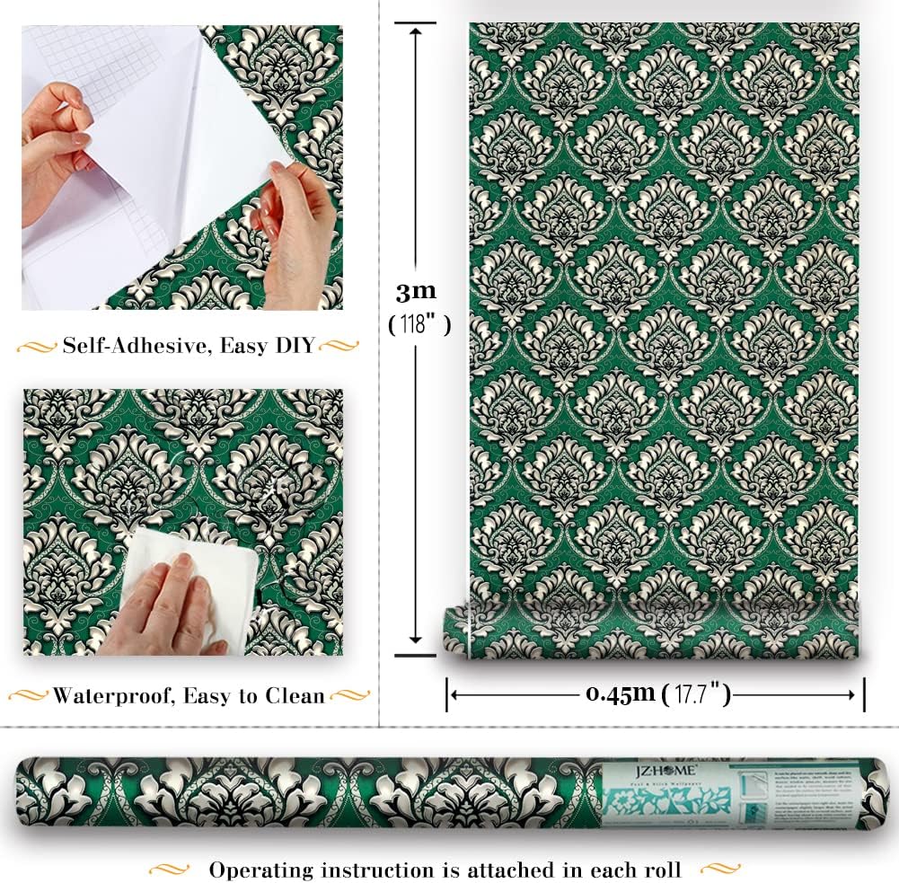 Damask Contact Paper Wallpaper Peel and Stick Removable Green Damask Furniture Decor Paper Self-Adhesive Drawer Shelf Liner Vinyl Decorative Film Roll 17.7" x 9.8ft