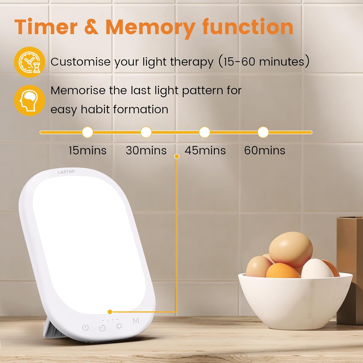 Image showing the timer function of the LASTAR Sun Lamp with options for 15, 30, 45, and 60 minutes.