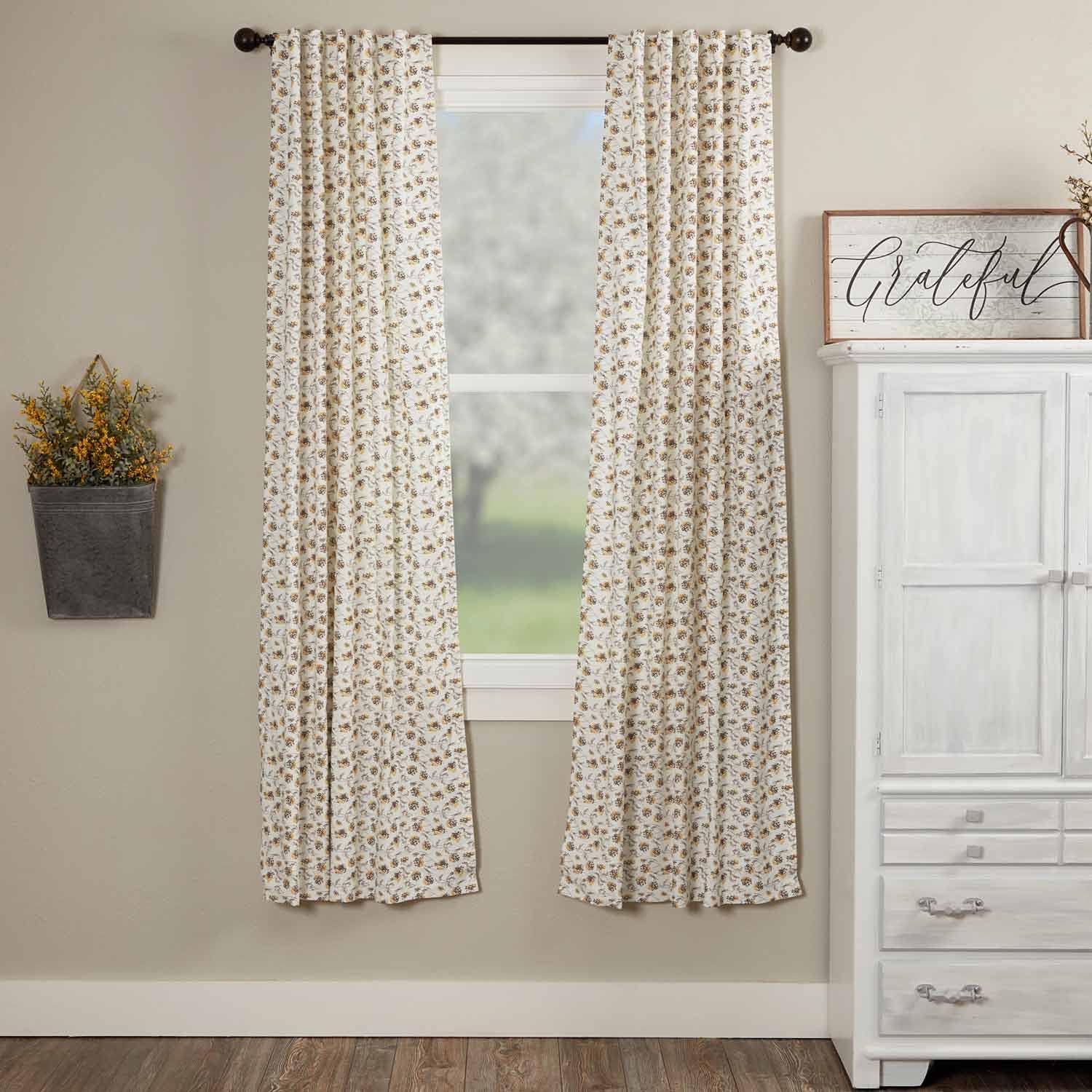 Piper Classics Morning Meadow Floral Panel Curtains, Set of 2 Panels, 84" Long, Mustard and Yellow Printed Flowers on an Off White Quilt, Farmhouse, Country Cottage, Vintage Boho