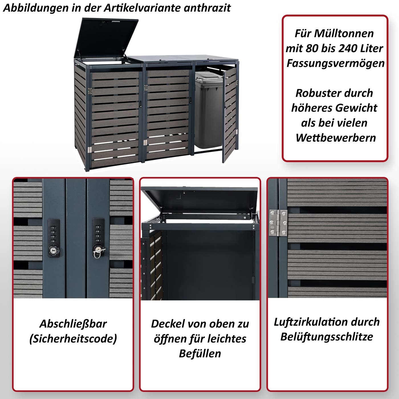3x copribidoni box spazzatura rifiuti HWC-K14 84x205x119cm metallo WPC - teak