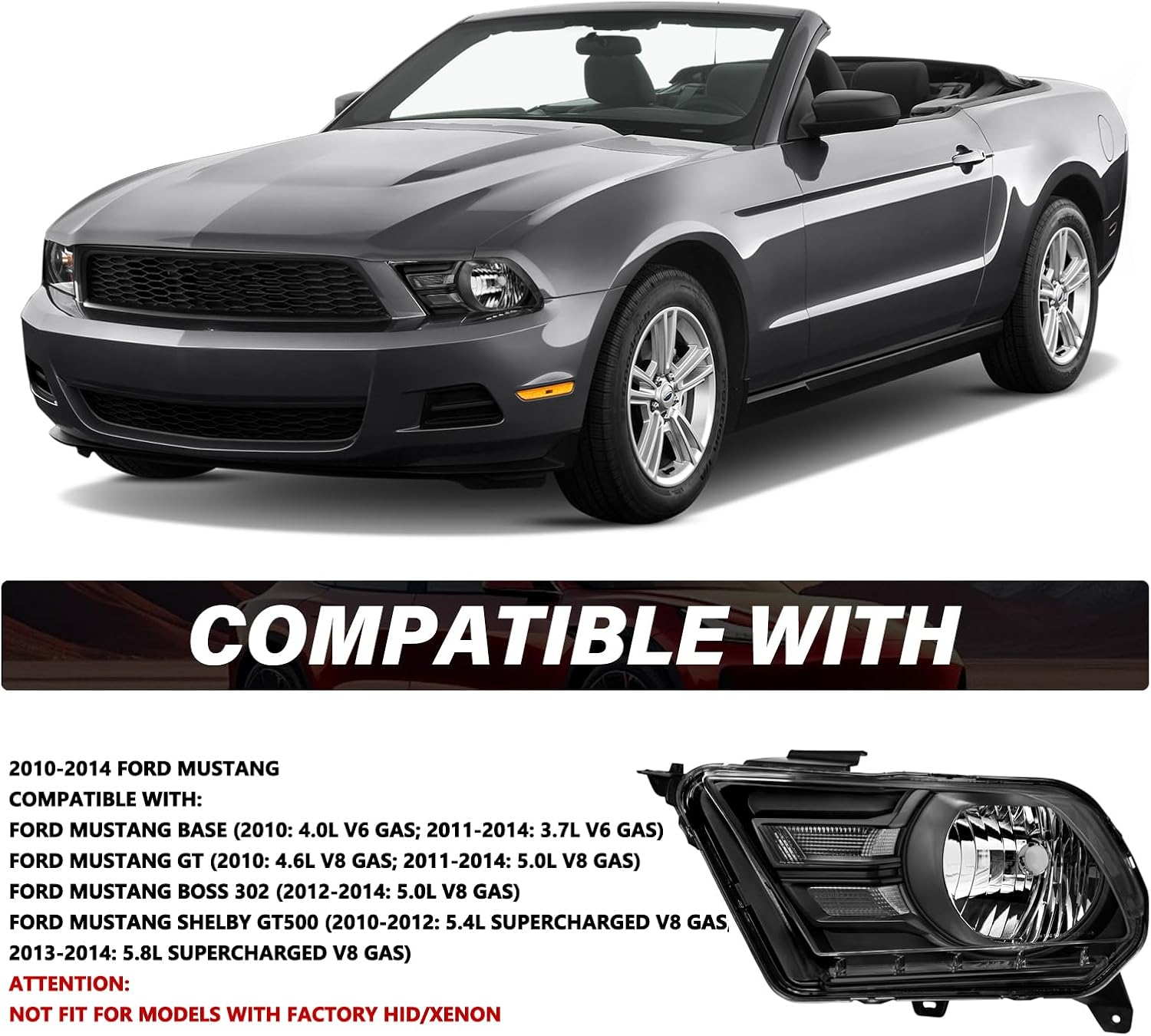 BRYGHT Projector Headlight Assembly Compatible with 10-14 Ford Mustang (NOT Fit for HID/Xenon) Passenger and Driver Side (Black Housing/Clear Reflector)