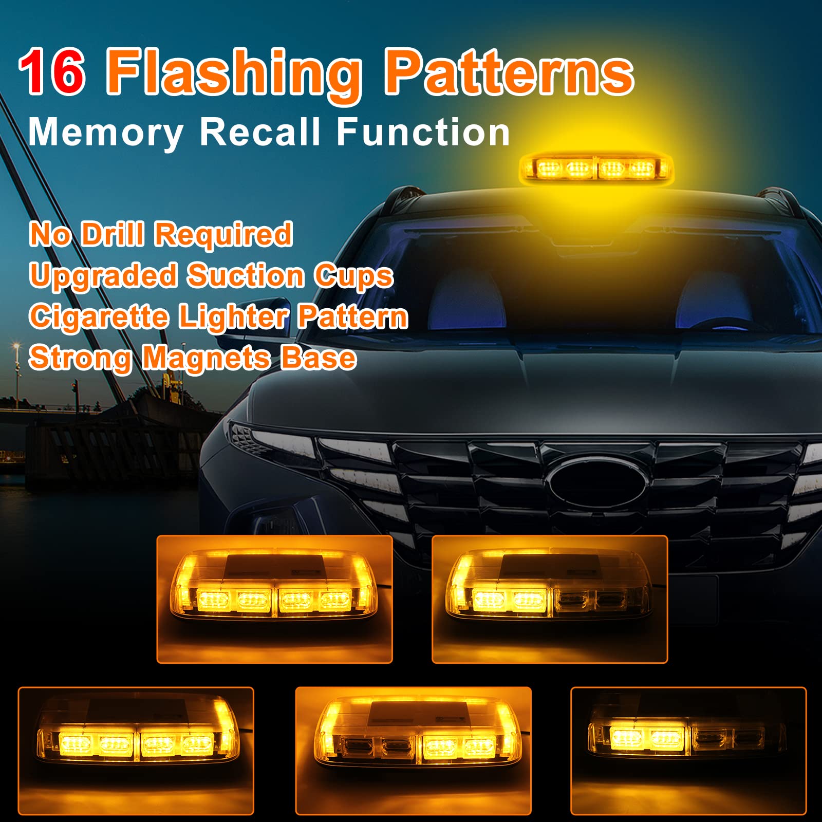 OPL5 2Pcs Amber Rooftop Mini Strobe Light Bar, LED Rooftop Strobe Beacon Lights with Magnetic Base, 16 Flashing Modes Warning Lights for Firefighter Construction Snow Plow Cars Trucks (2Pcs Amber)